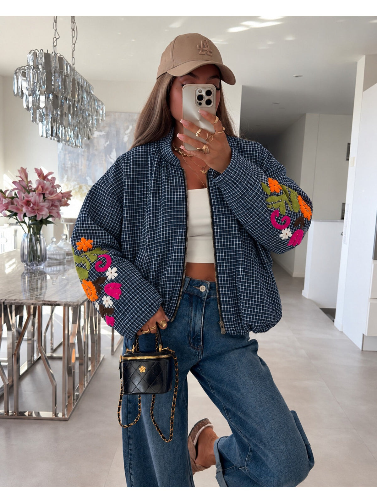 Veste bomber zippée carreaux et manches brodées marine pour femme, La Chica