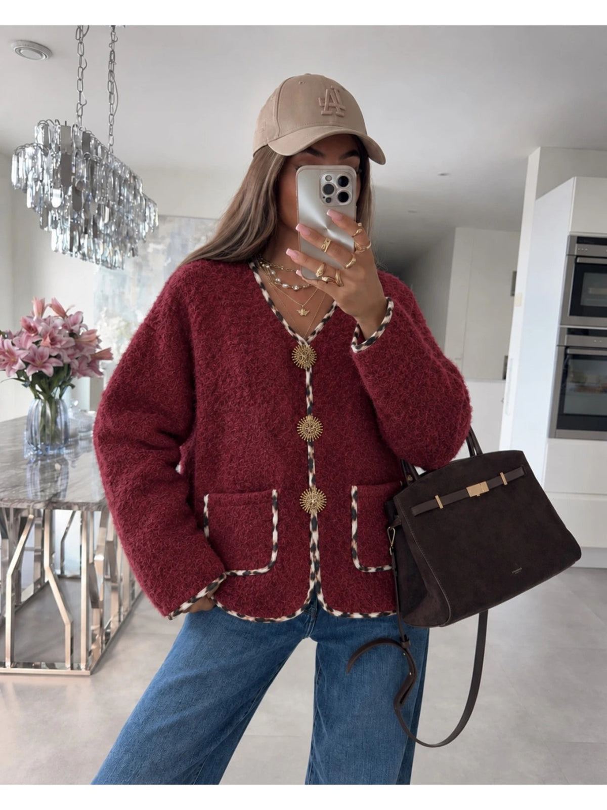 Veste à bordures léopard à broches dorés bordeaux pour femme, La Chica