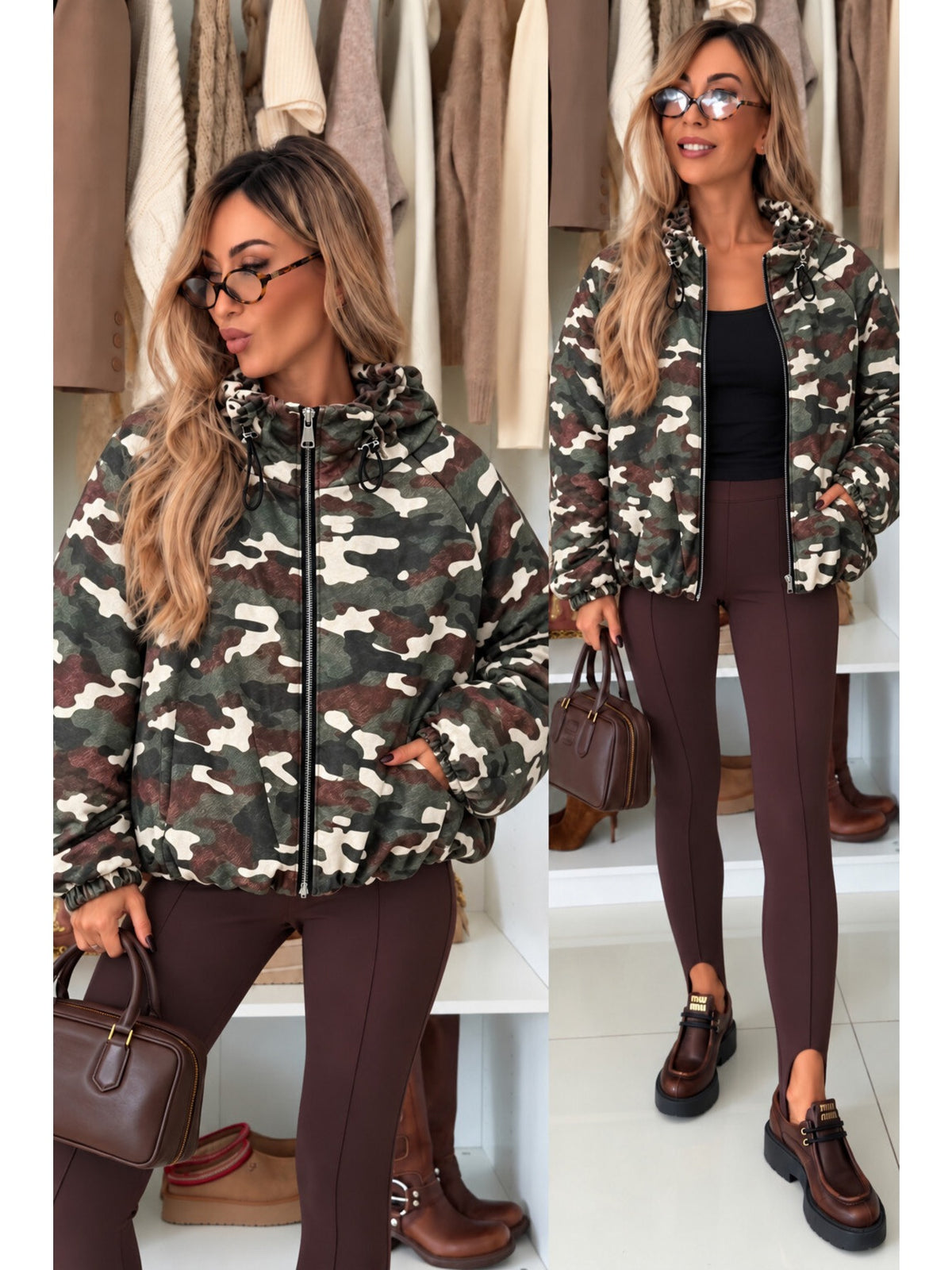 Veste à capuche imprimé camouflage coupe ample zippée kaki pour femme, La Chica