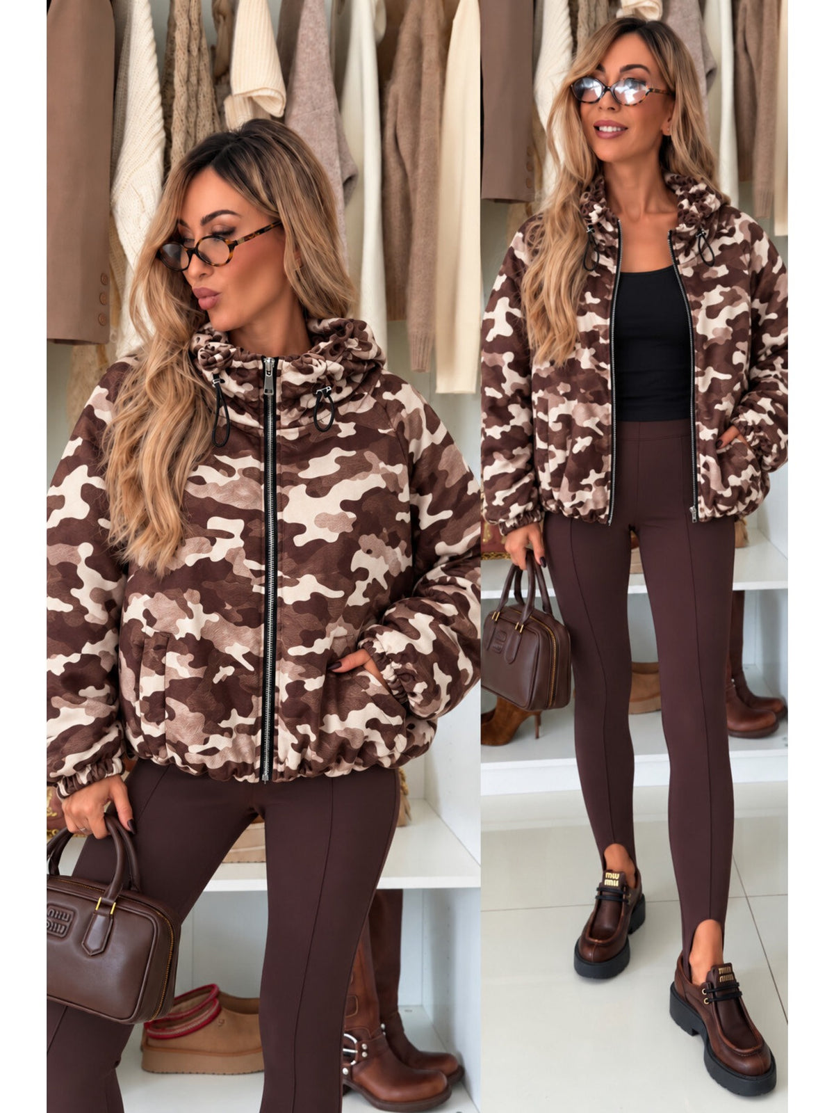 Veste à capuche imprimé camouflage coupe ample zippée marron pour femme, La Chica