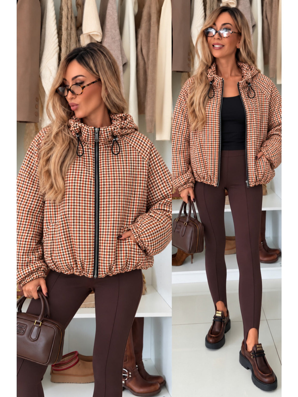 Veste à capuche imprimé carreaux coupe ample zippée camel pour femme, La Chica