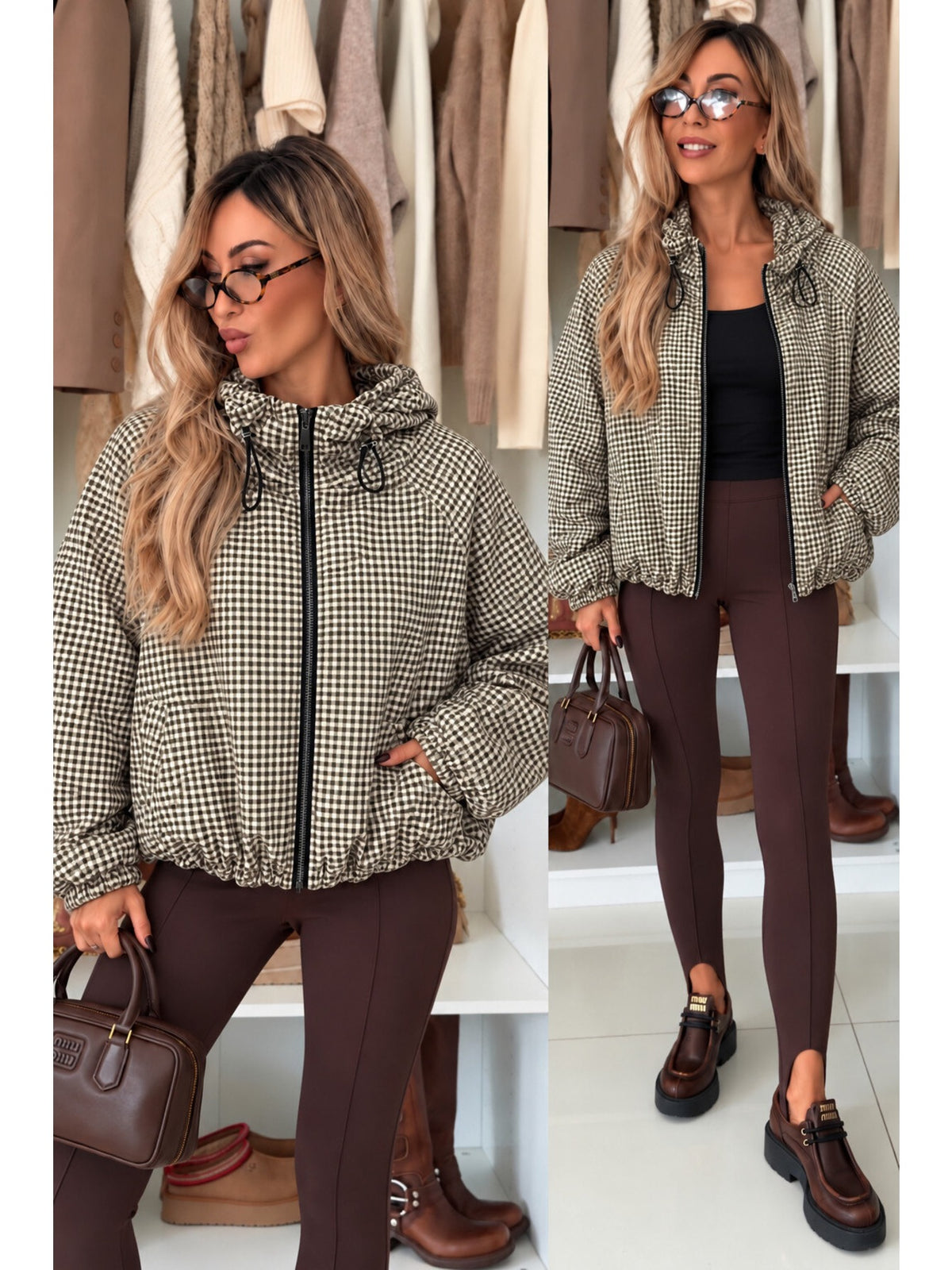 Veste à capuche imprimé carreaux coupe ample zippée kaki pour femme, La Chica