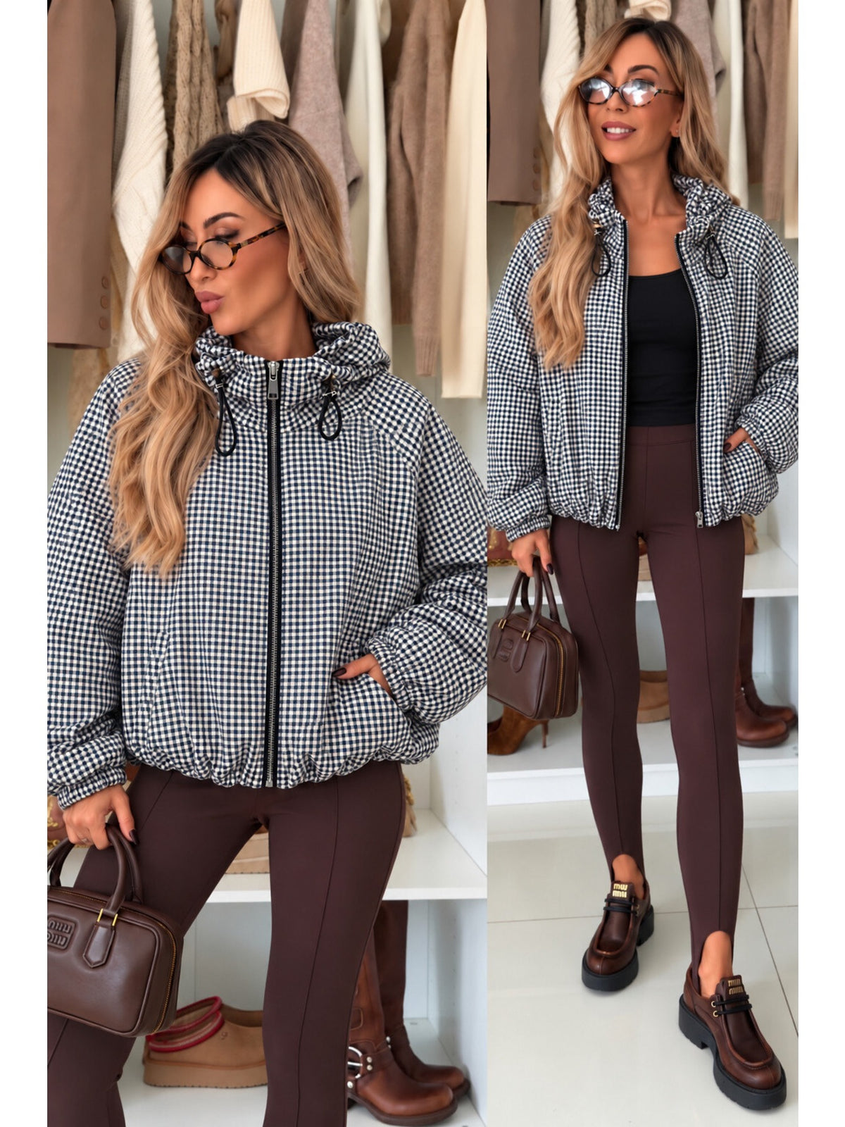 Veste à capuche imprimé carreaux coupe ample zippée marine pour femme, La Chica