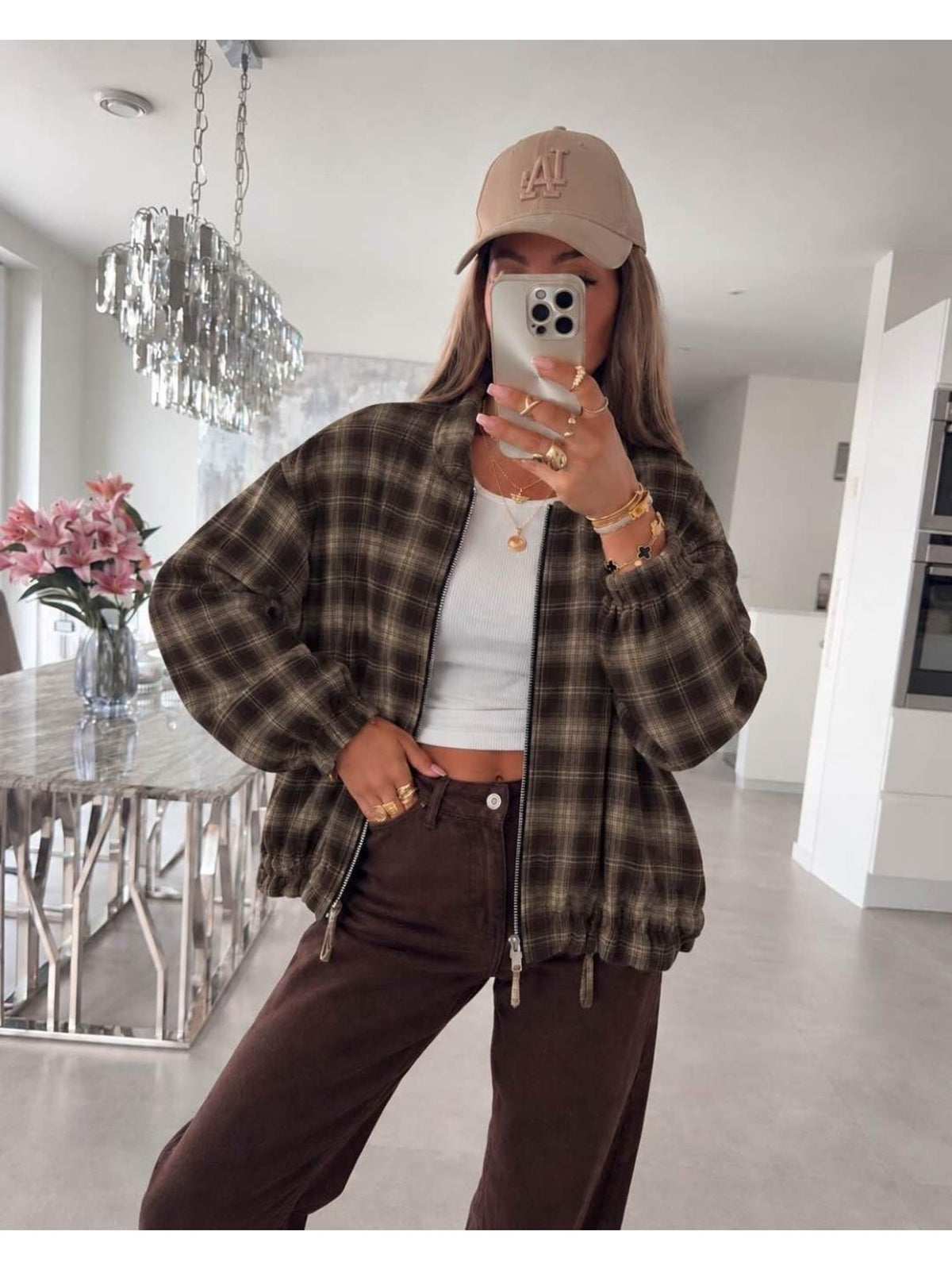 Veste carreaux zippée avec cordon de serrage marron foncé pour femme, La Chica