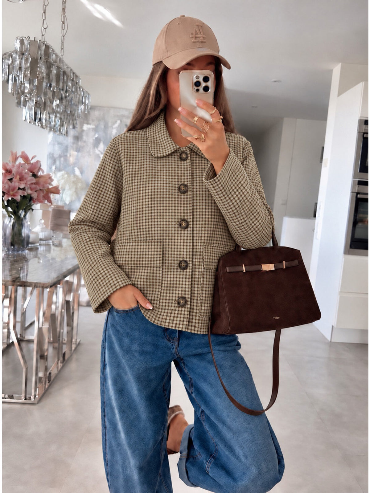 Veste chemise en suédine imprimé carreaux détail poches kaki pour femme, La Chica
