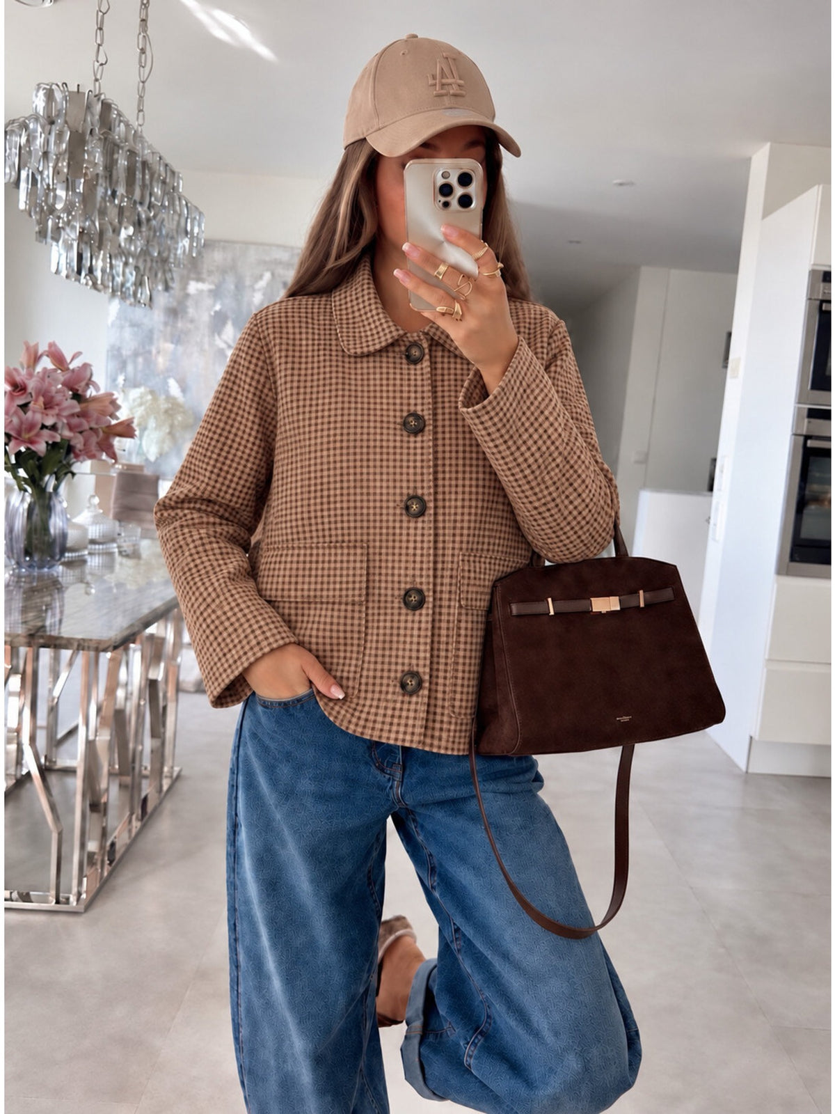 Veste chemise en suédine imprimé carreaux détail poches marron foncé pour femme, La Chica