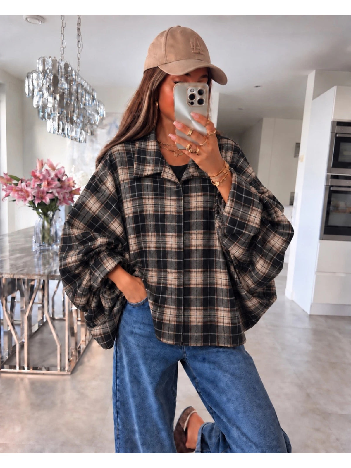 Veste chemise oversize carreaux manches chauve-souris noir pour femme, La Chica