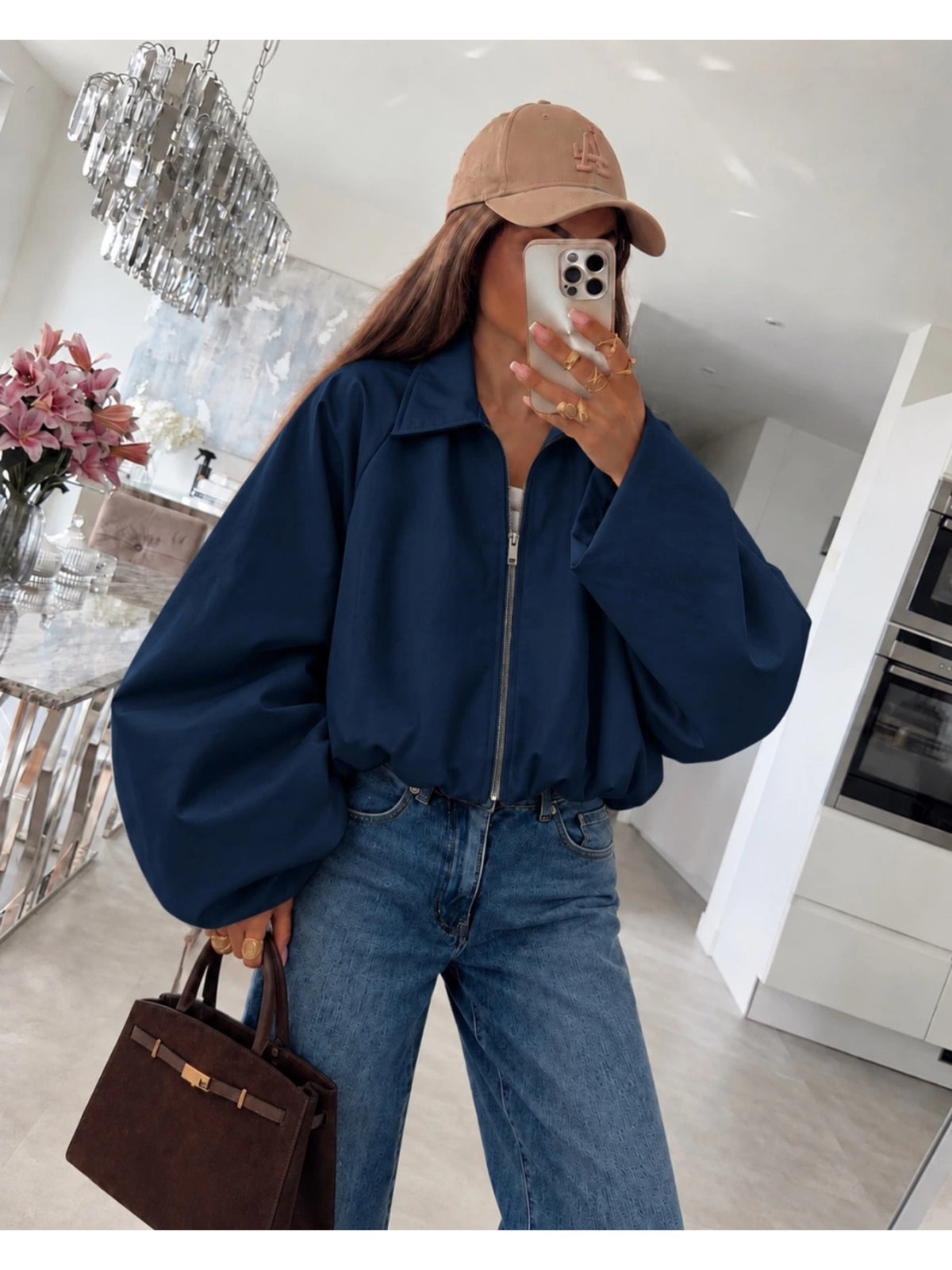 Veste courte zippée manches ballon volumineuses marine pour femme, La Chica