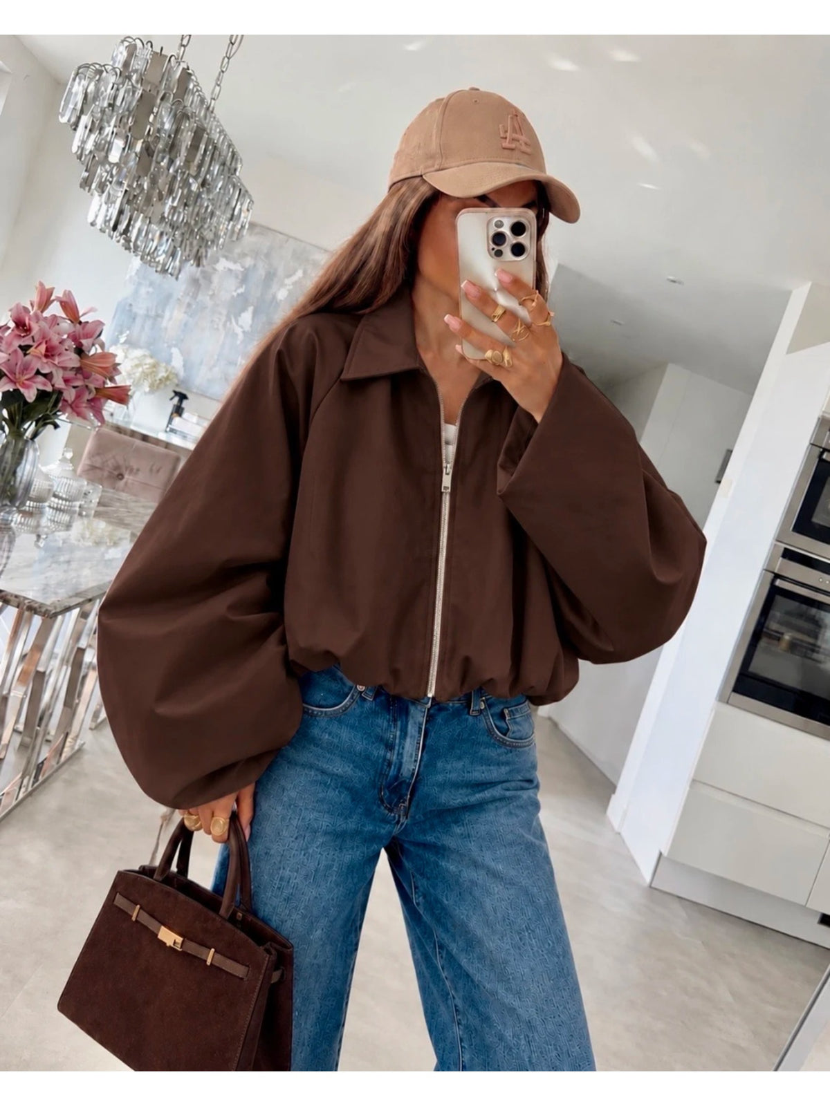 Veste courte zippée manches ballon volumineuses marron foncé pour femme, La Chica