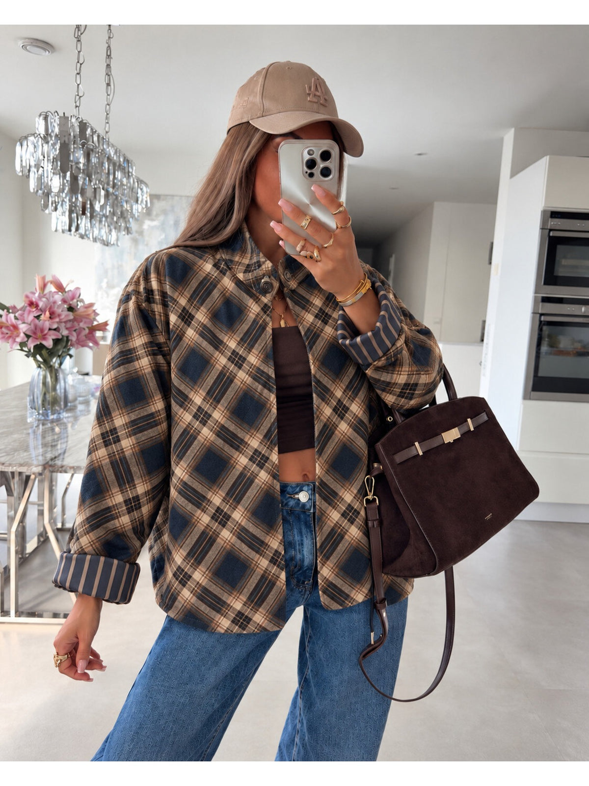Veste en velours carreaux et revers rayés noir pour femme, La Chica