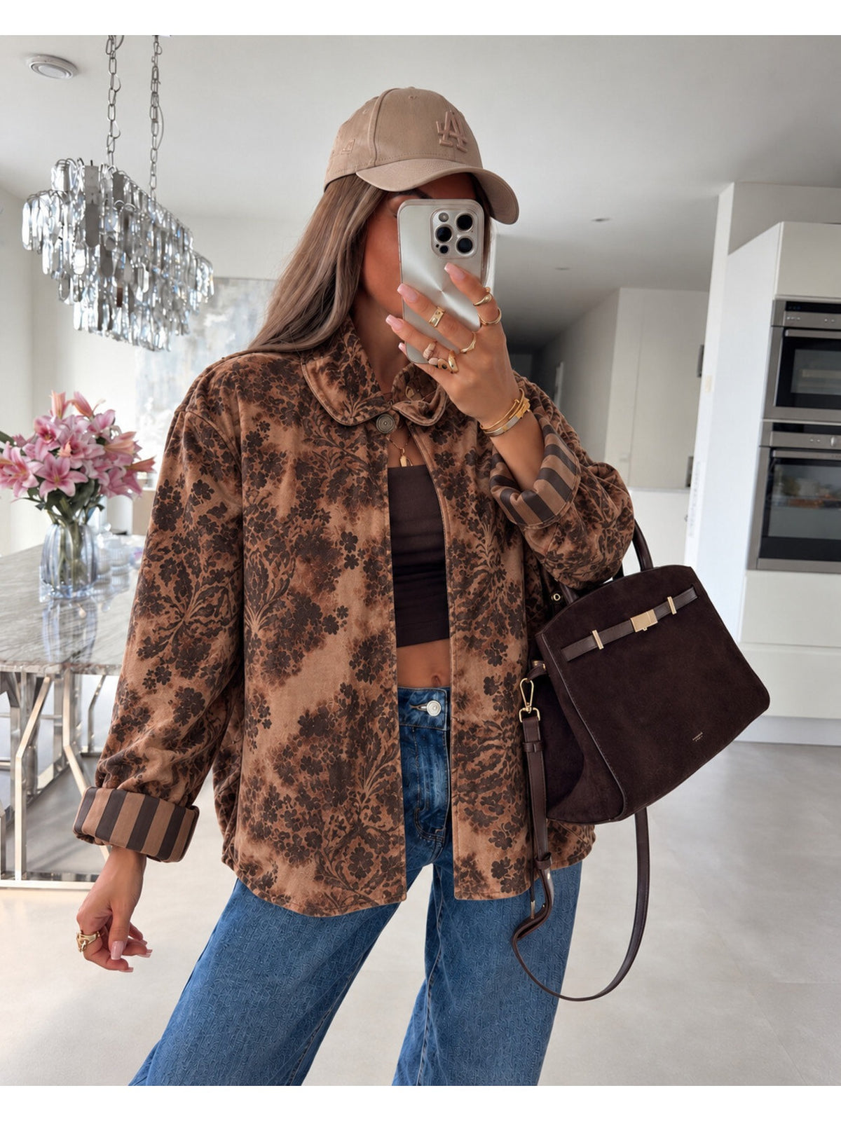 Veste en velours fleurie revers rayés camel pour femme, La Chica