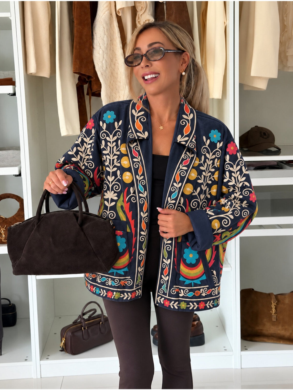 Veste fleurie en suédine marine pour femme, La Chica
