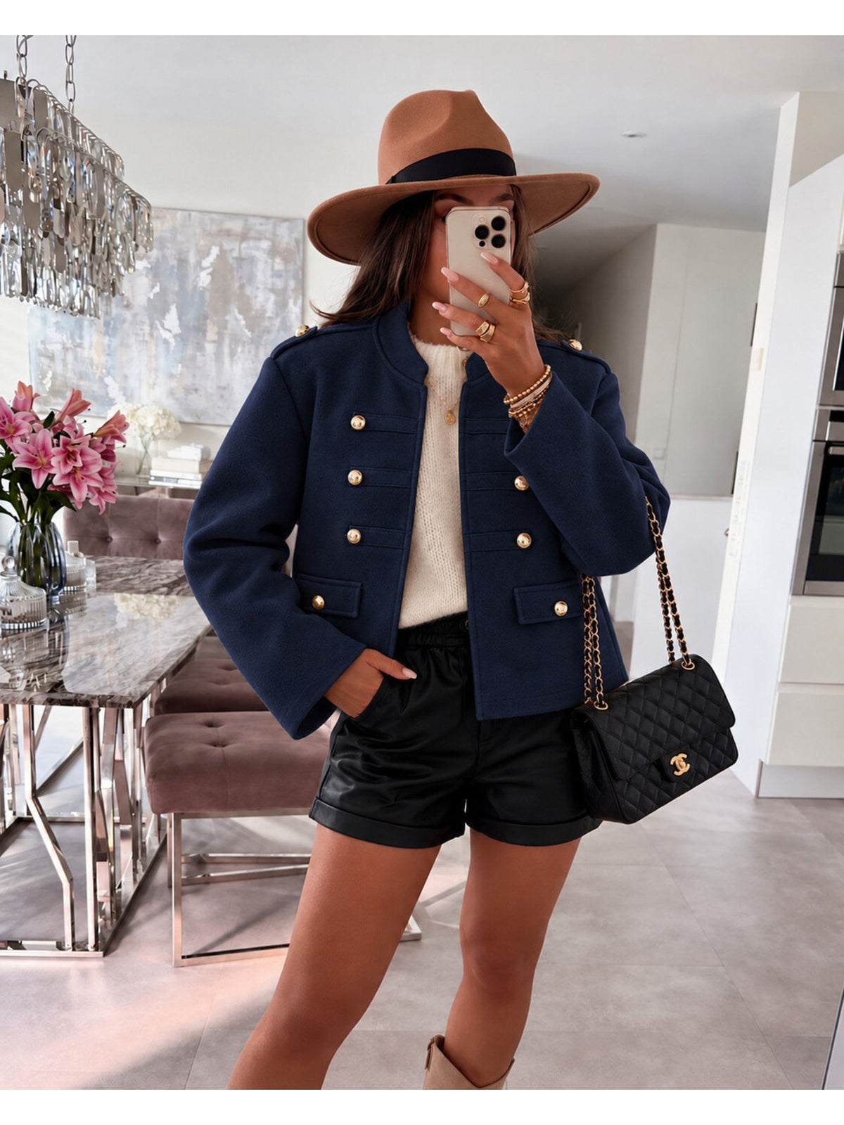 Veste manteau laine courte boutons dorés et épaulettes marine pour femme, La Chica