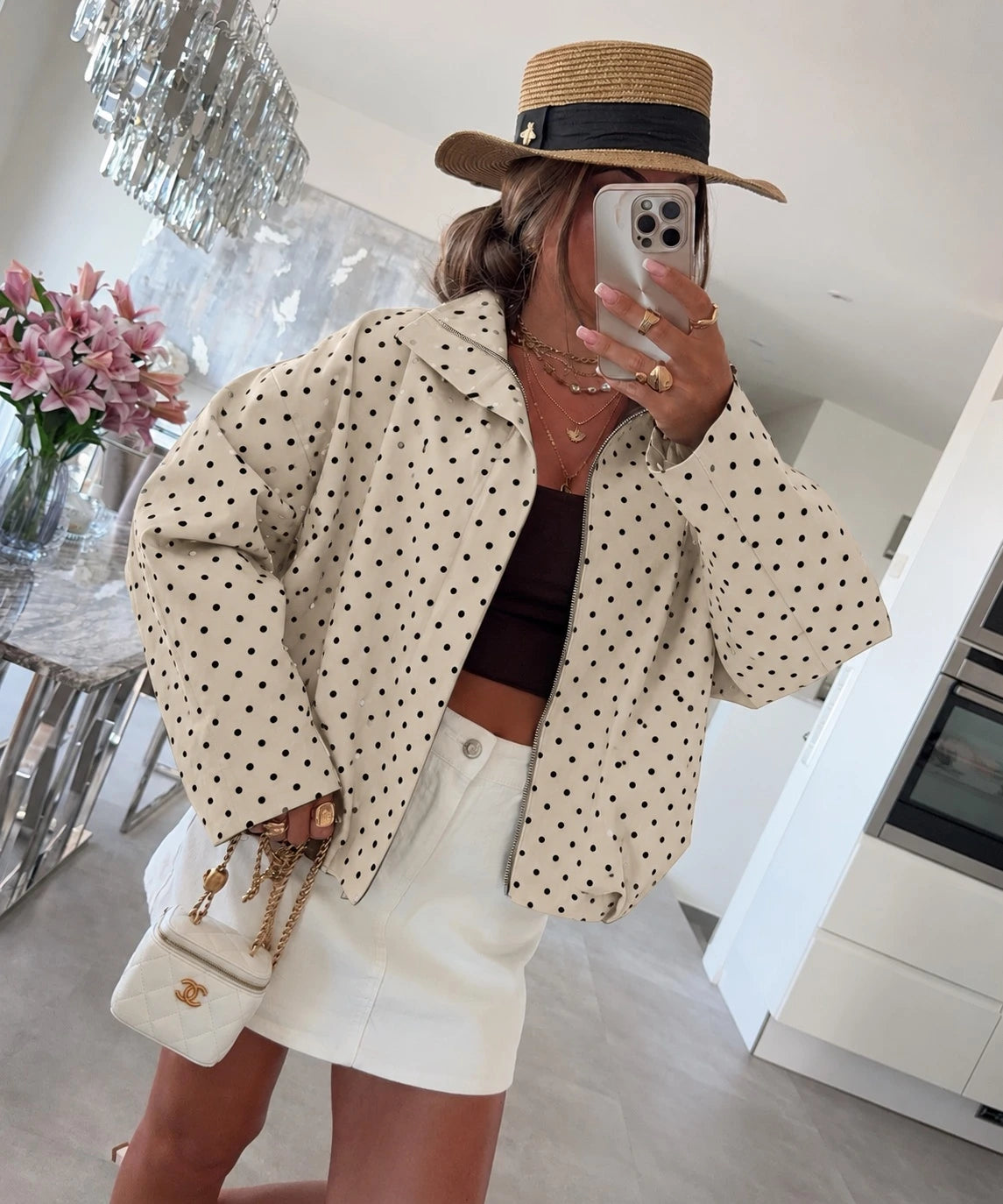 Veste oversize zippée à pois beige pour femme – La Chica