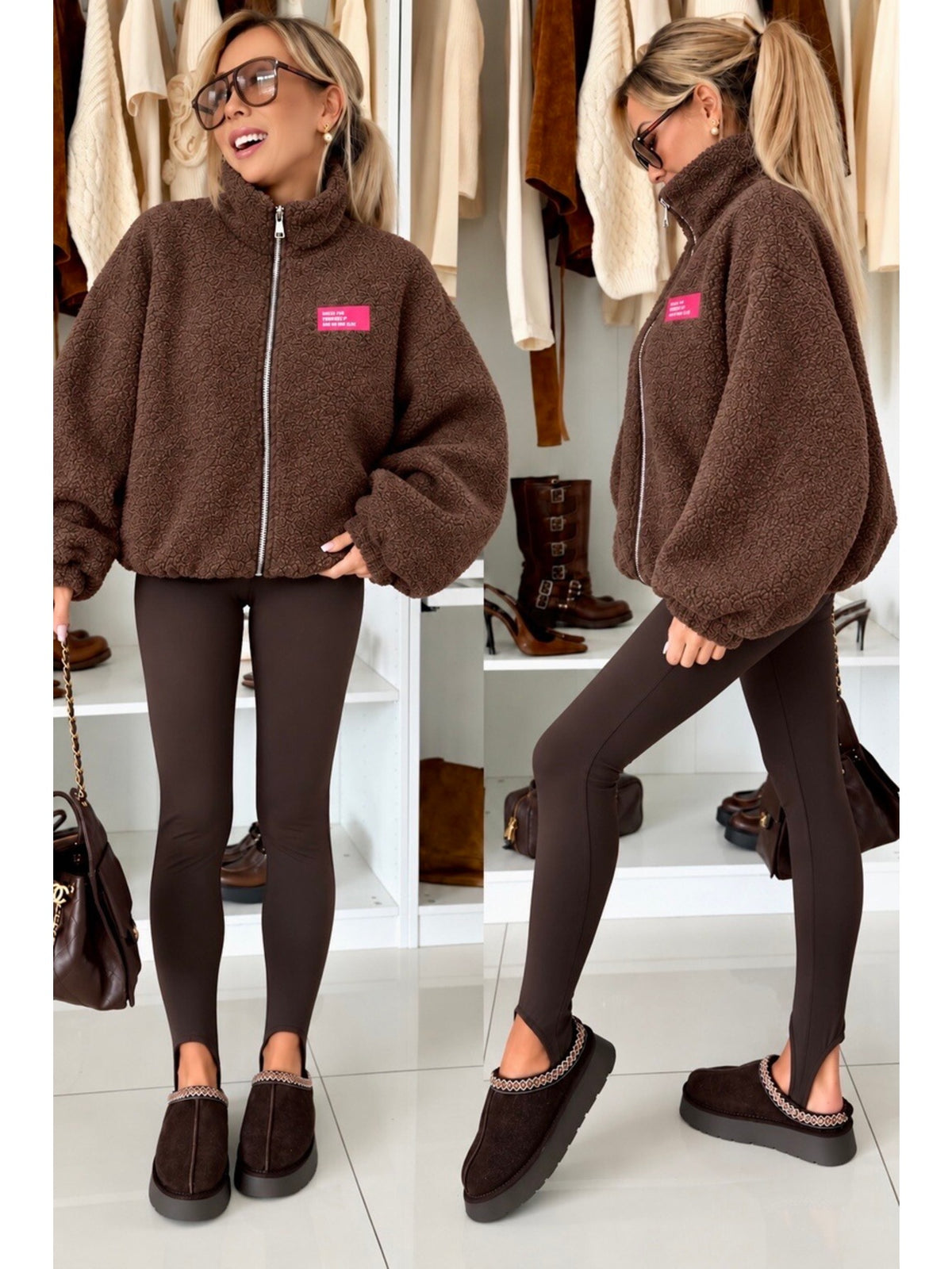 Veste polaire teddy manches ballon avec patch marron pour femme, La Chica