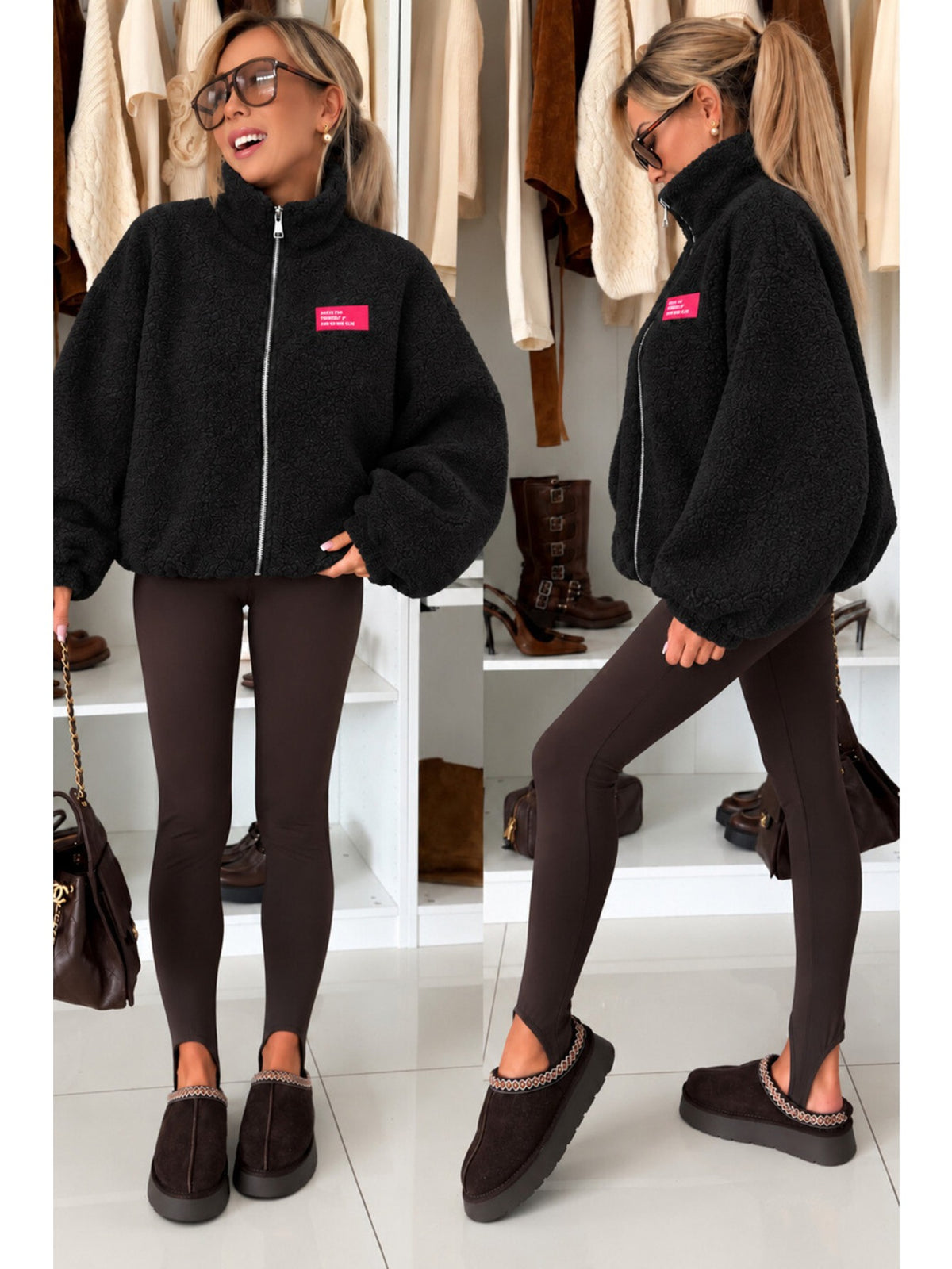 Veste polaire teddy manches ballon avec patch noir pour femme, La Chica