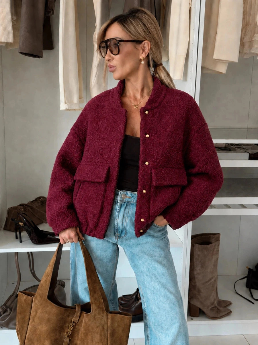 Veste teddy bomber à boutons dorés bordeaux pour femme – La Chica