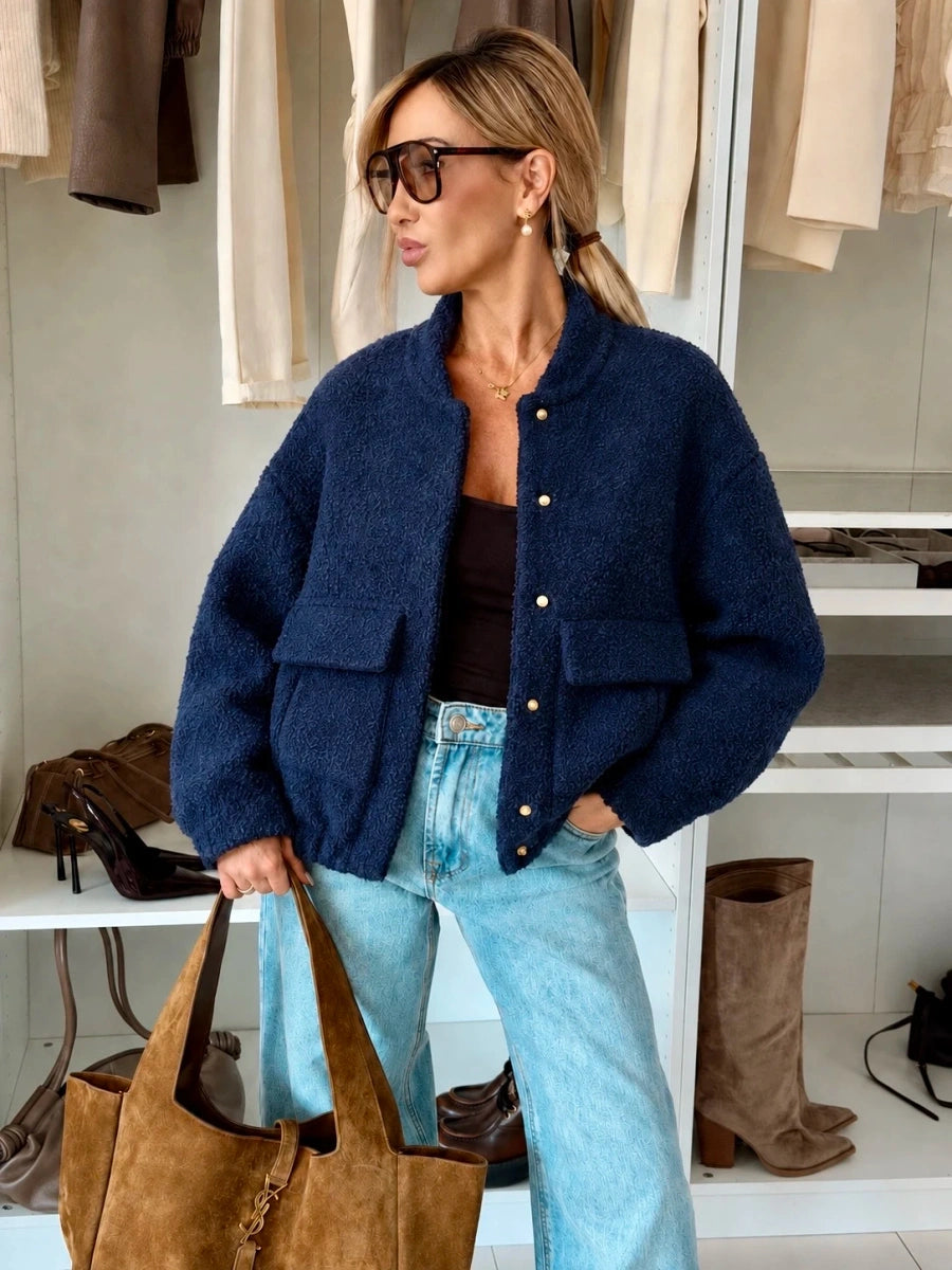 Veste teddy bomber à boutons dorés marine pour femme – La Chica