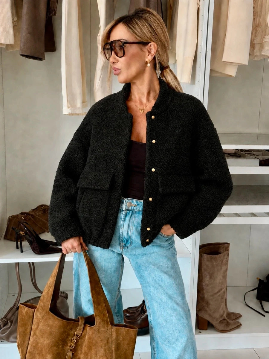 Veste teddy bomber à boutons dorés noir pour femme – La Chica