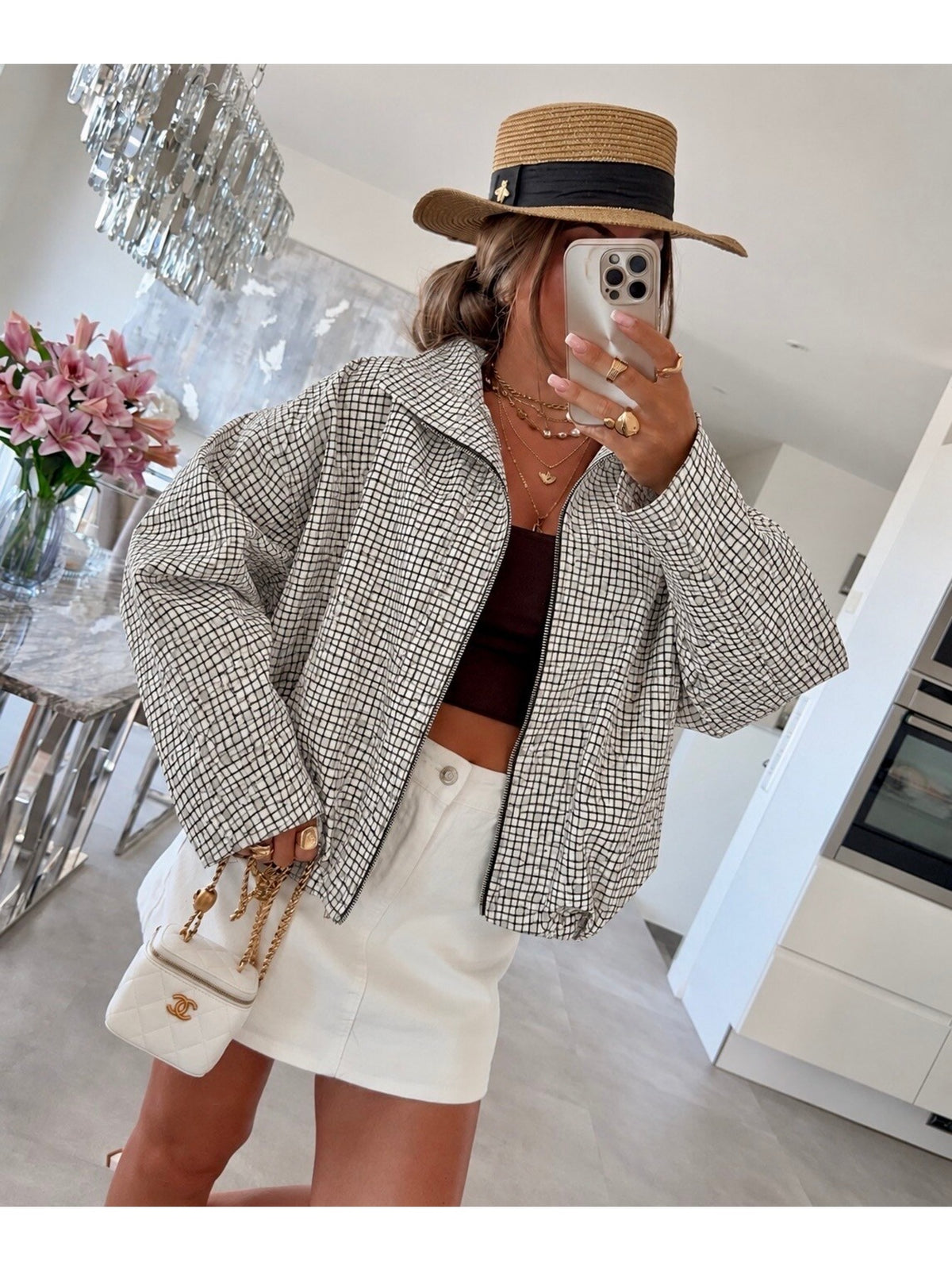 Veste zippée carreaux manches larges col montant blanc pour femme, La Chica