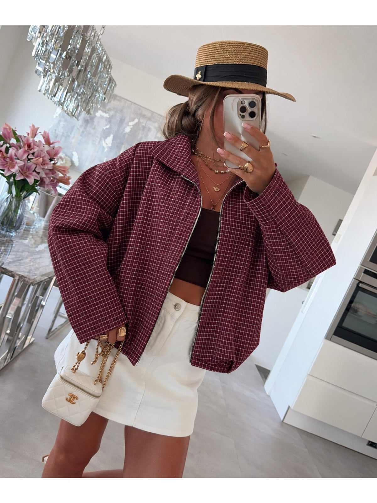 Veste zippée carreaux manches larges col montant bordeaux pour femme, La Chica
