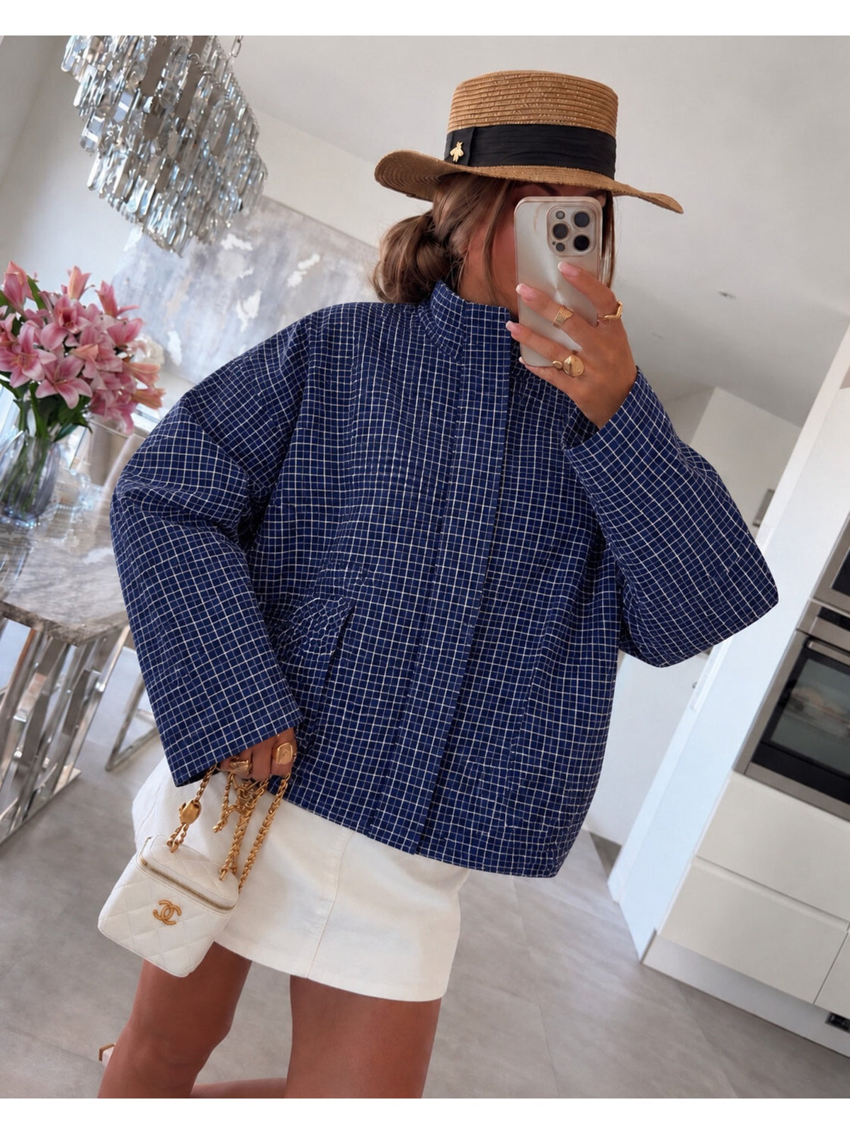Veste zippée carreaux manches larges col montant marine pour femme, La Chica, vue 2