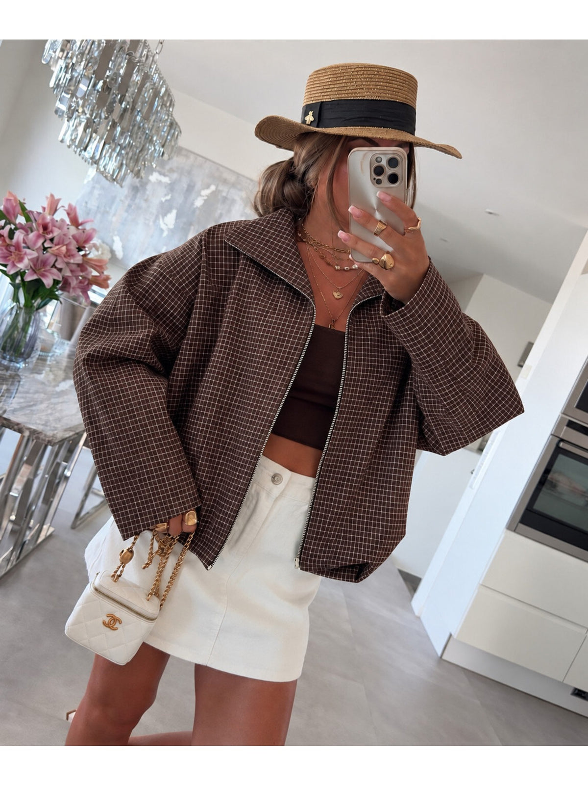 Veste zippée carreaux manches larges col montant marron foncé pour femme, La Chica