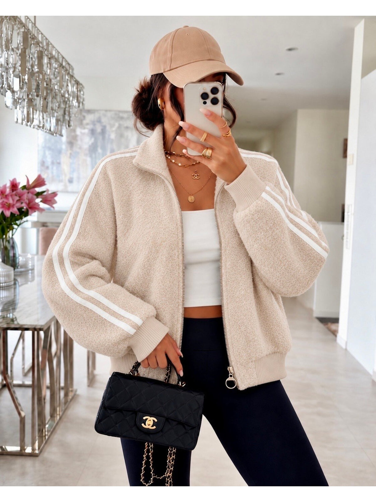Veste zippée effet duveteux bandes contrastantes manches beige pour femme, La Chica
