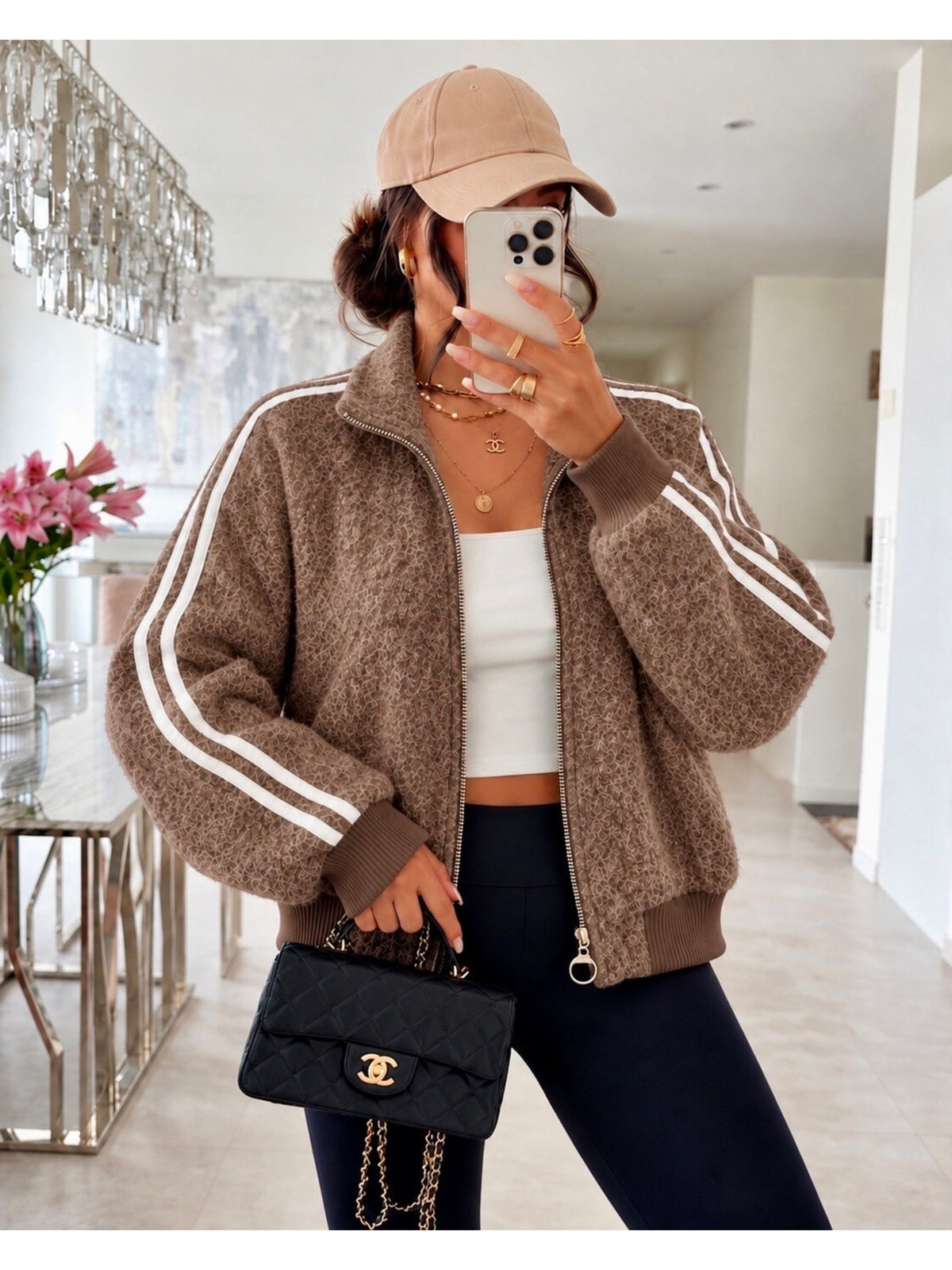 Veste zippée effet duveteux bandes contrastantes manches marron pour femme, La Chica