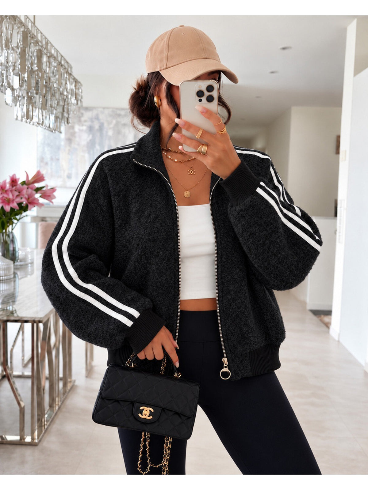 Veste zippée effet duveteux bandes contrastantes manches noir pour femme, La Chica