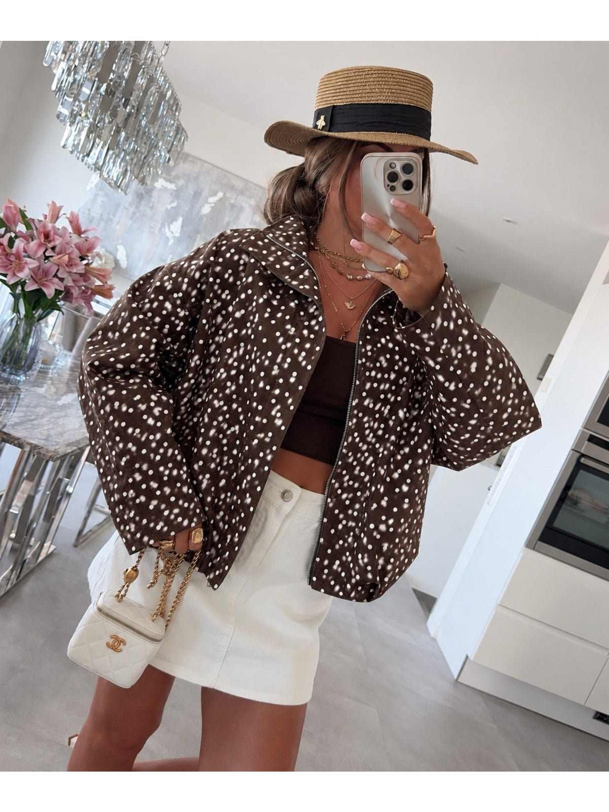 Veste zippée imprimé biche manches larges col montant marron foncé pour femme, La Chica, vue 1