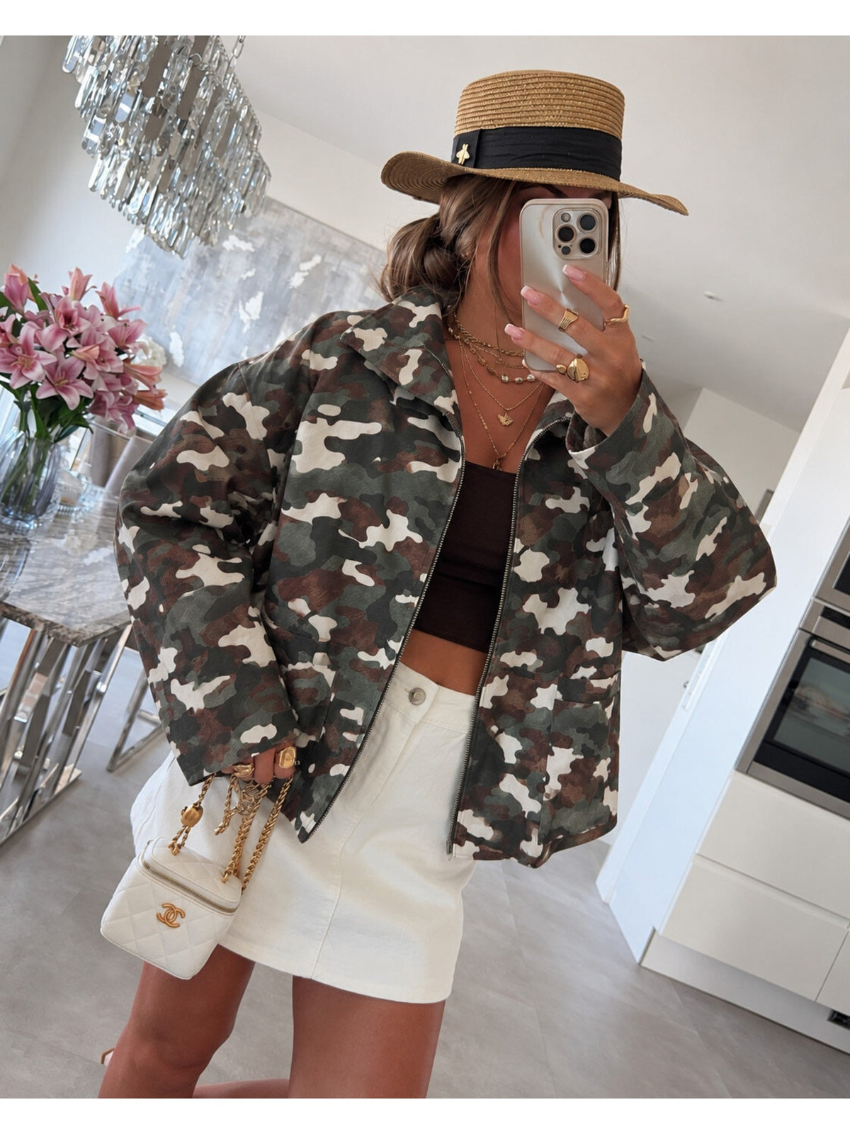Veste zippée imprimé camouflage manches larges col montant kaki pour femme, La Chica