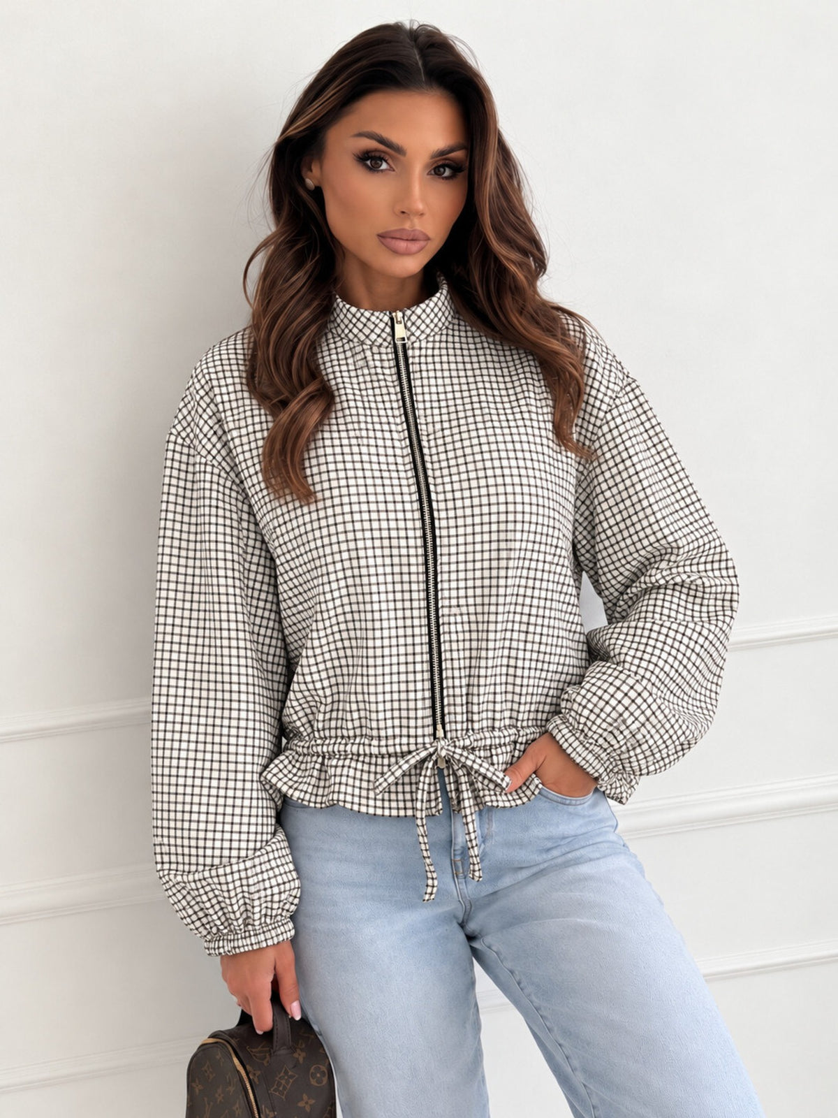 Veste zippée petits carreaux blanc pour femme, La Chica