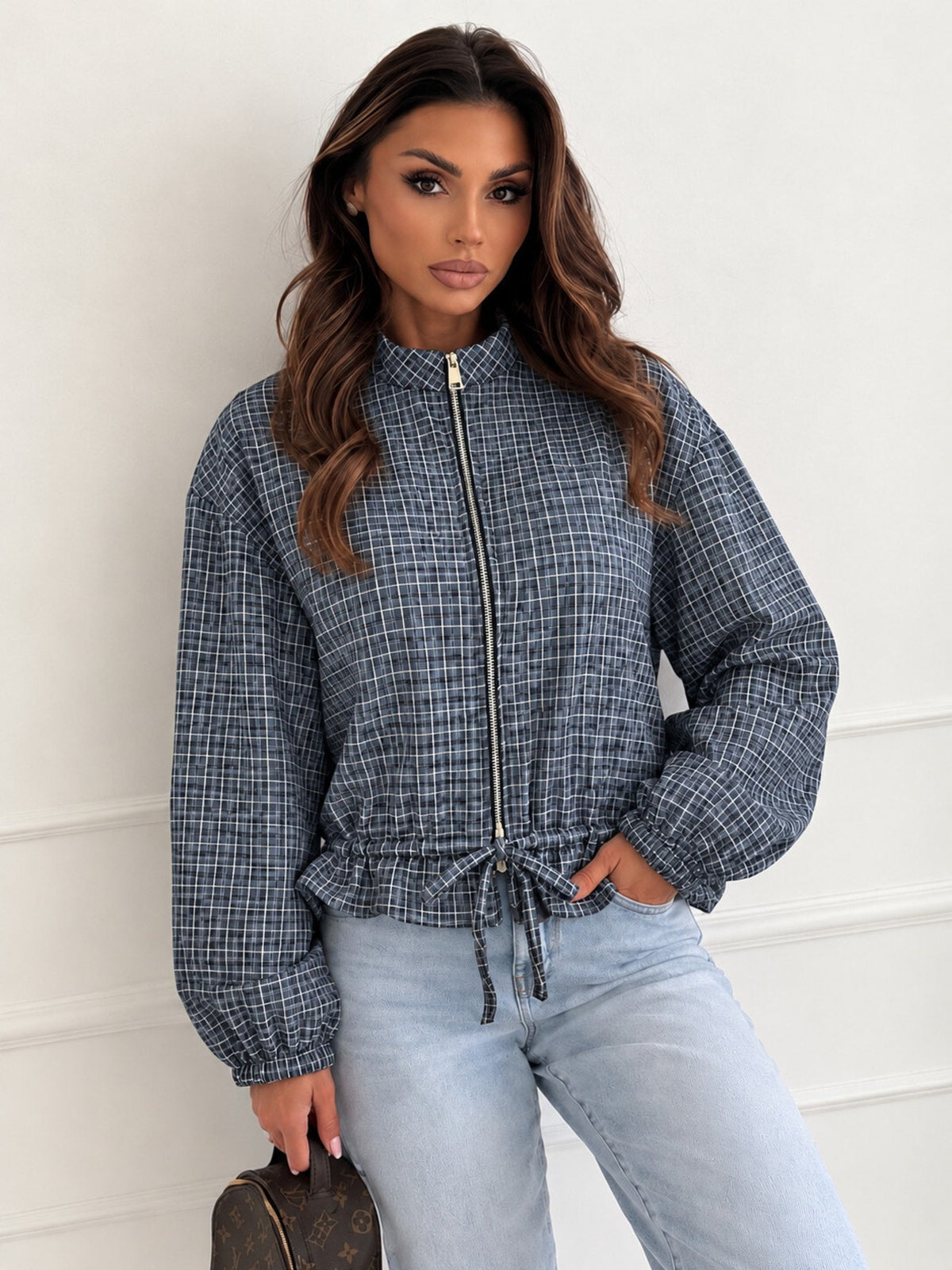 Veste zippée petits carreaux marine pour femme, La Chica
