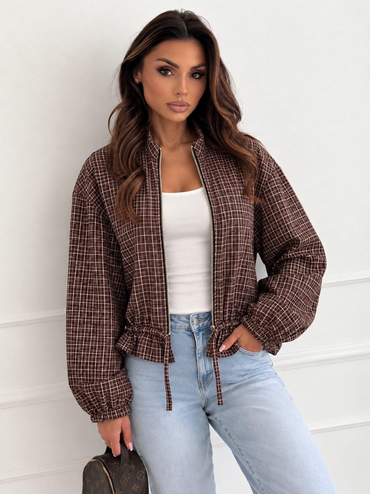 Veste zippée petits carreaux marron pour femme, La Chica, vue 2