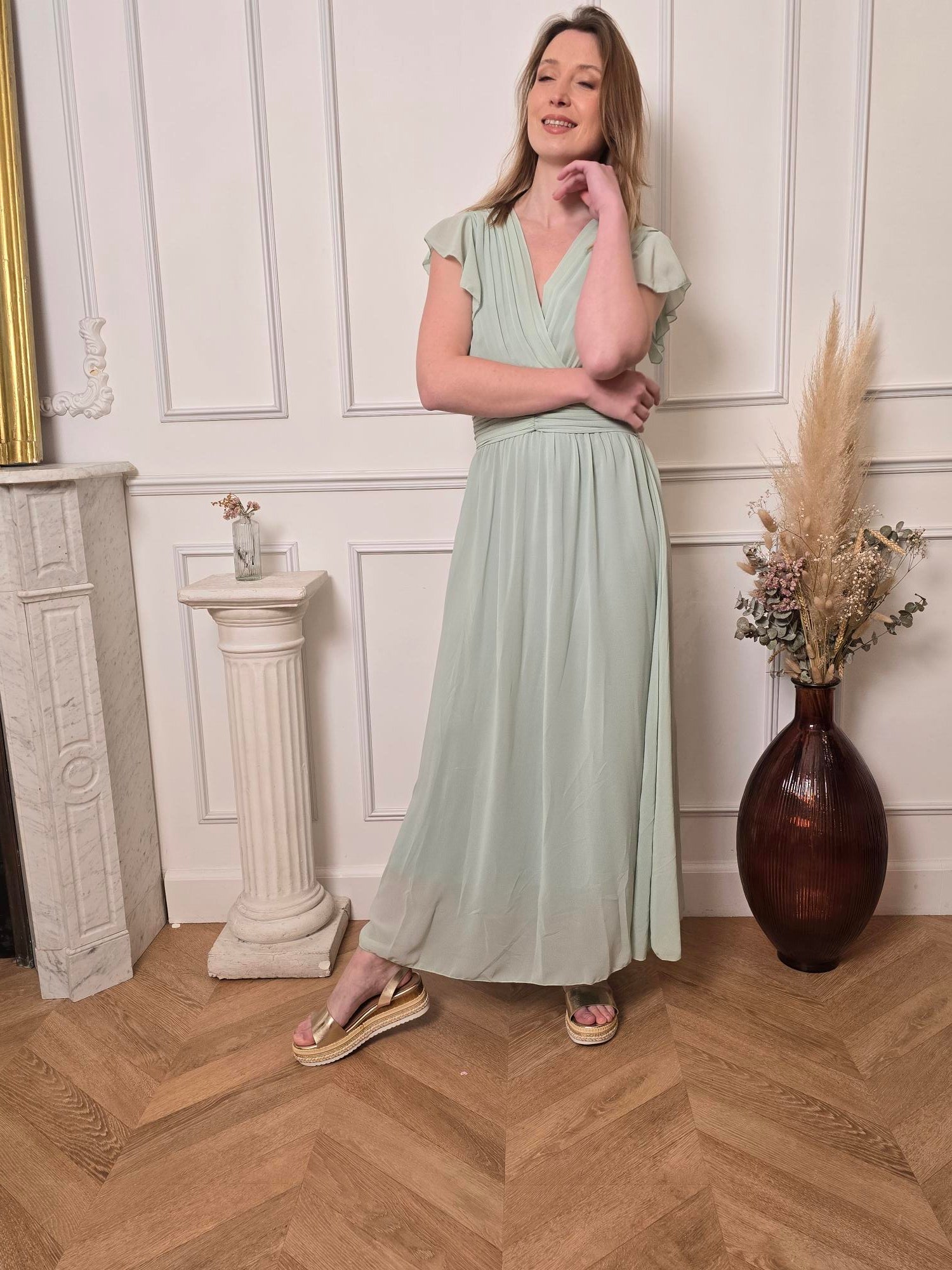 Robe longue vert sauge détail – La Chica
