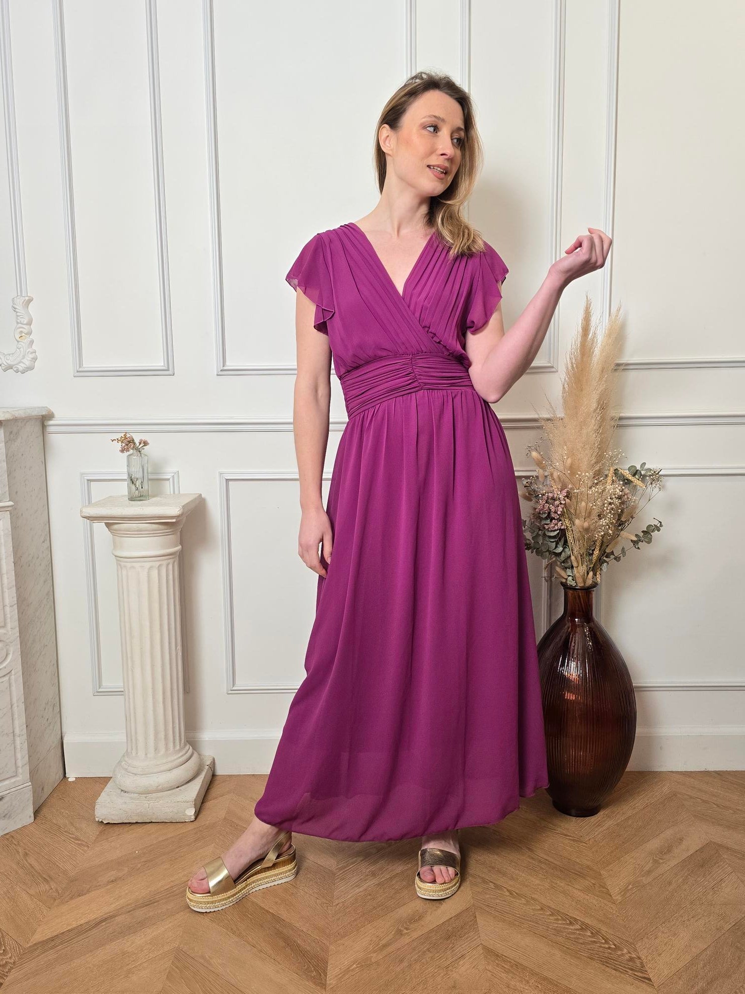 ROBE LONGUE PRUNE -COL V CROISE La Chica