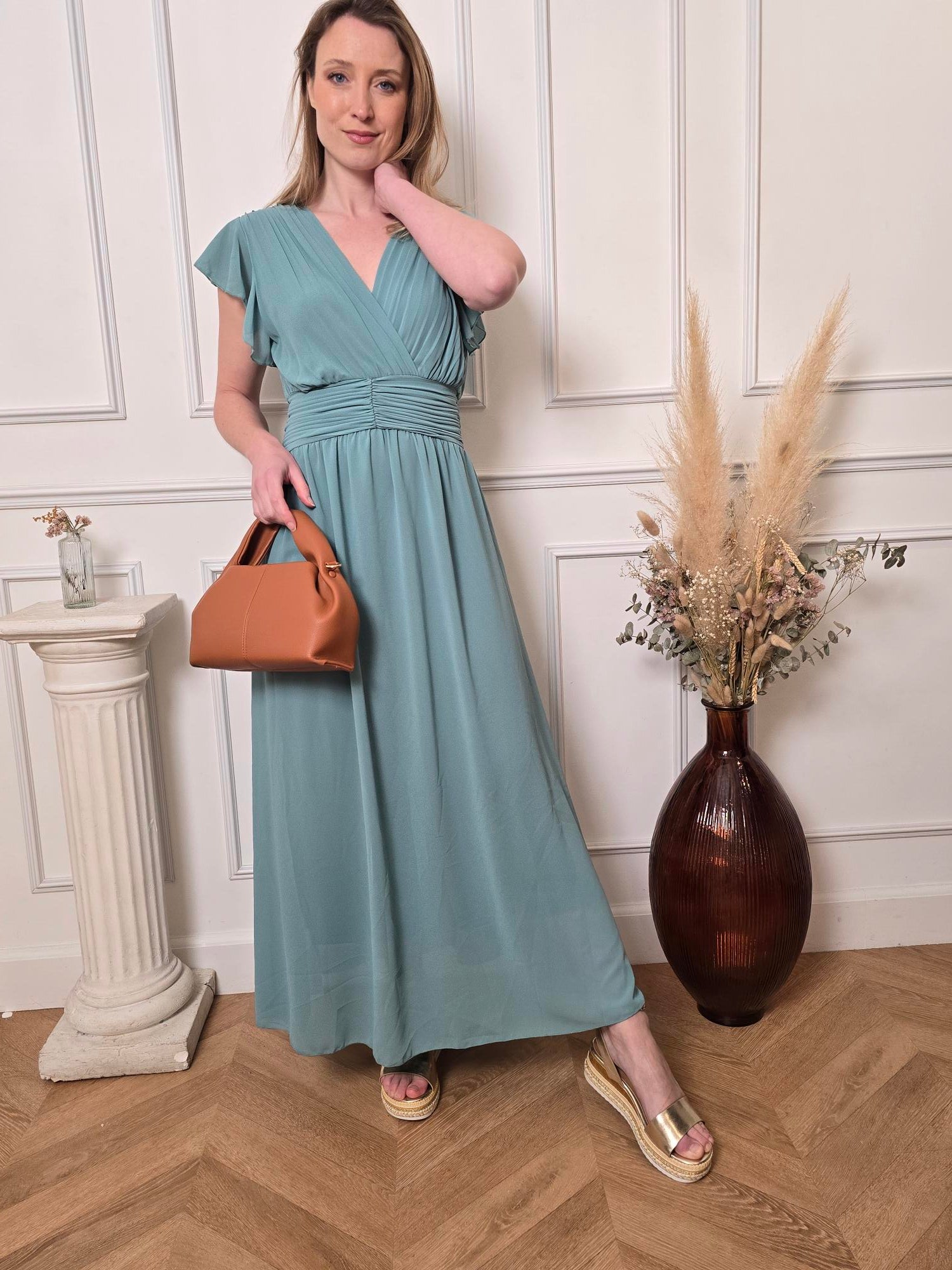 Robe longue bleu céladon vue de dos femme – La Chica