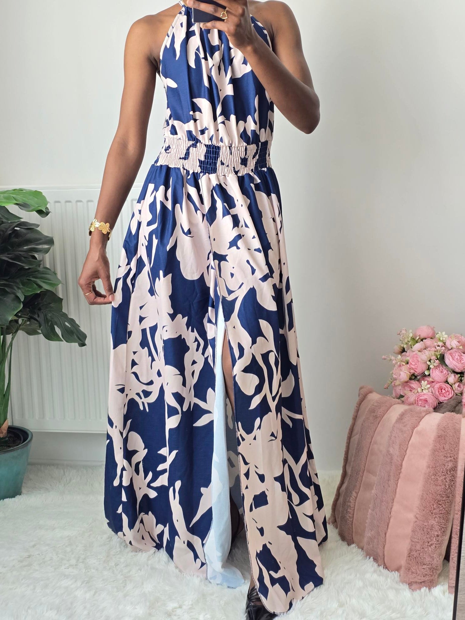 Robe longue fluide imprimé floral ✦ Marine & Beige La Chica