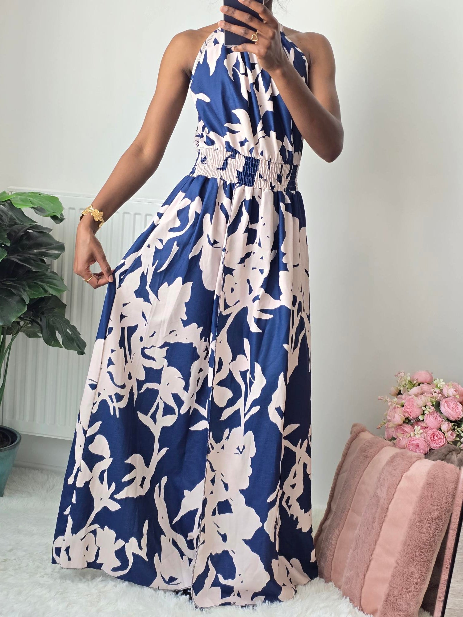 Robe longue fluide imprimé floral ✦ Marine & Beige La Chica
