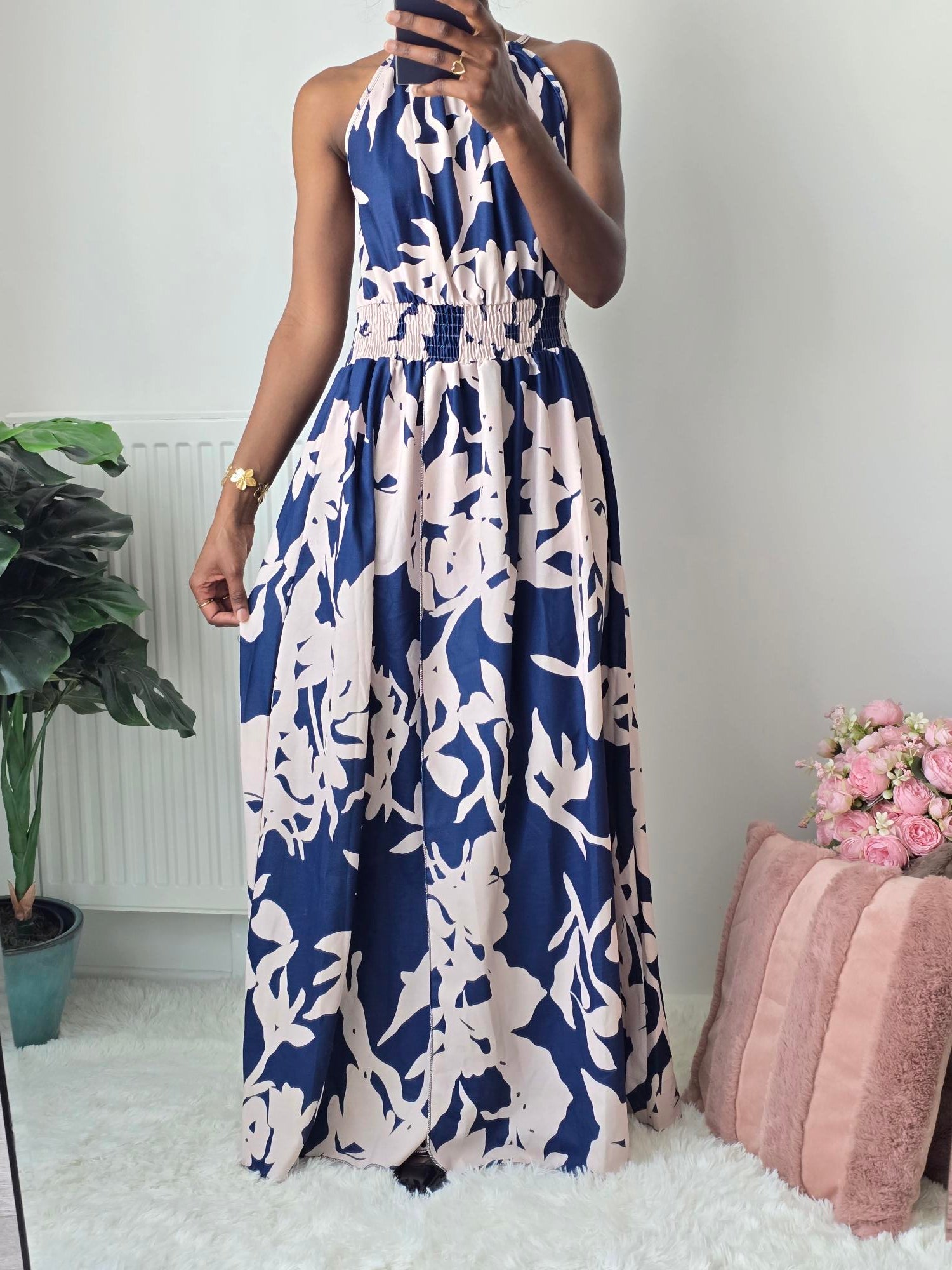 Robe longue fluide imprimé floral ✦ Marine & Beige La Chica