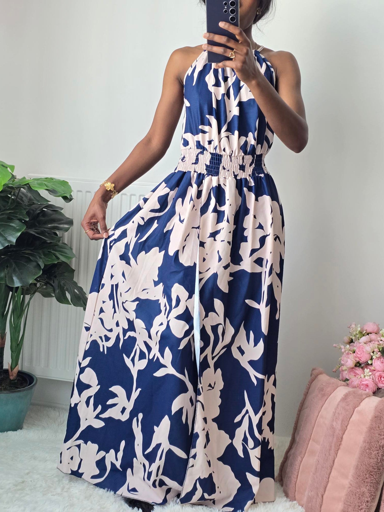 Robe longue fluide imprimé floral ✦ Marine & Beige La Chica