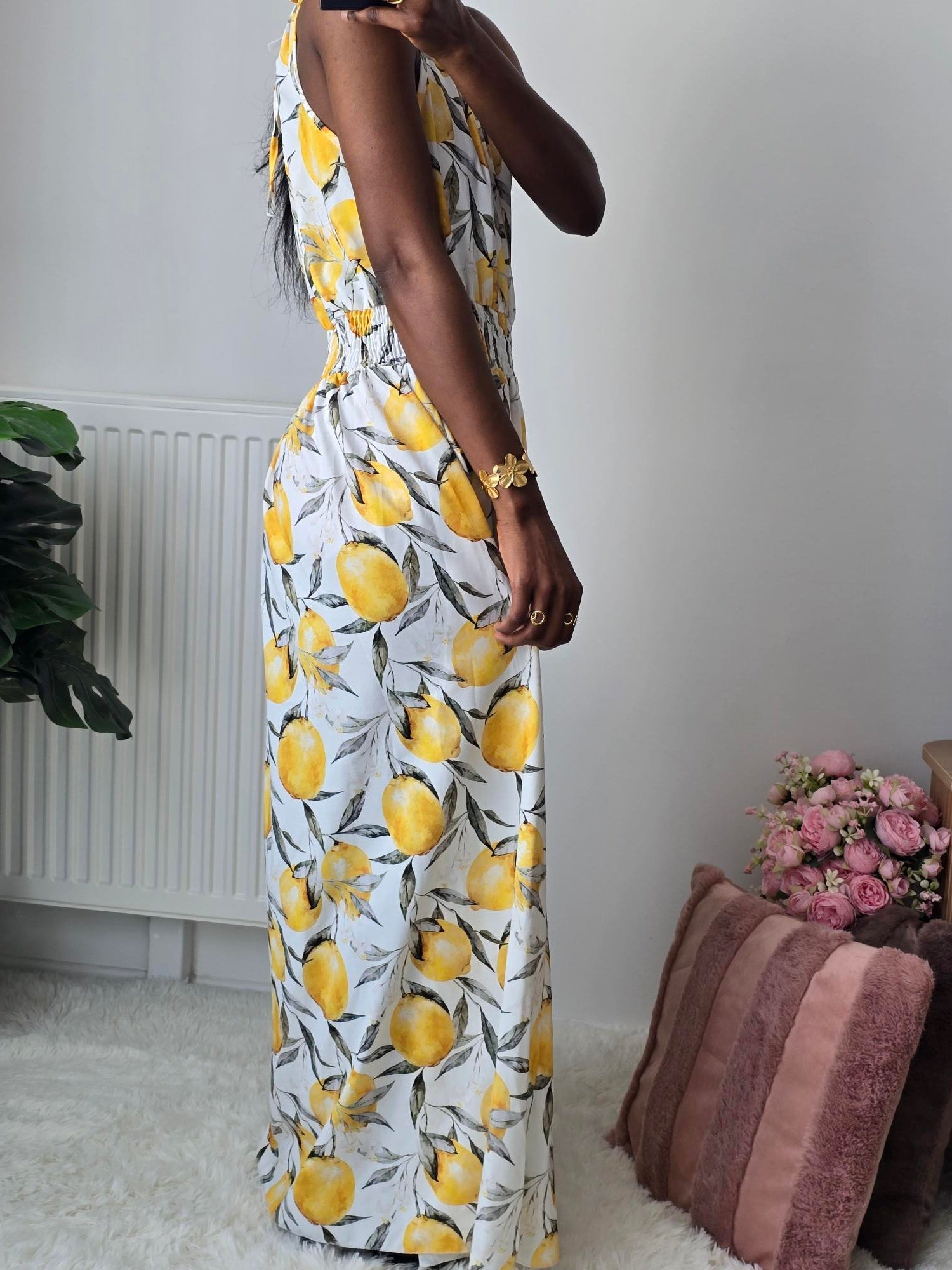 Robe longue fluide imprimé citron ✦ Jaune & Blanc La Chica