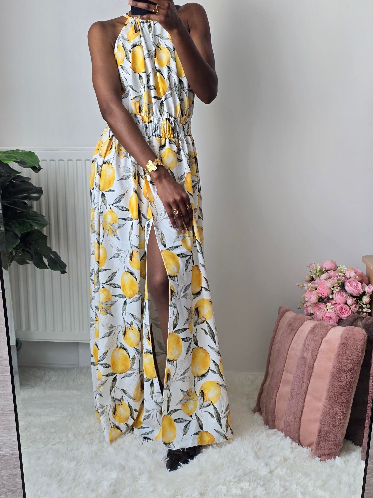 Robe longue fluide imprimé citron ✦ Jaune & Blanc La Chica