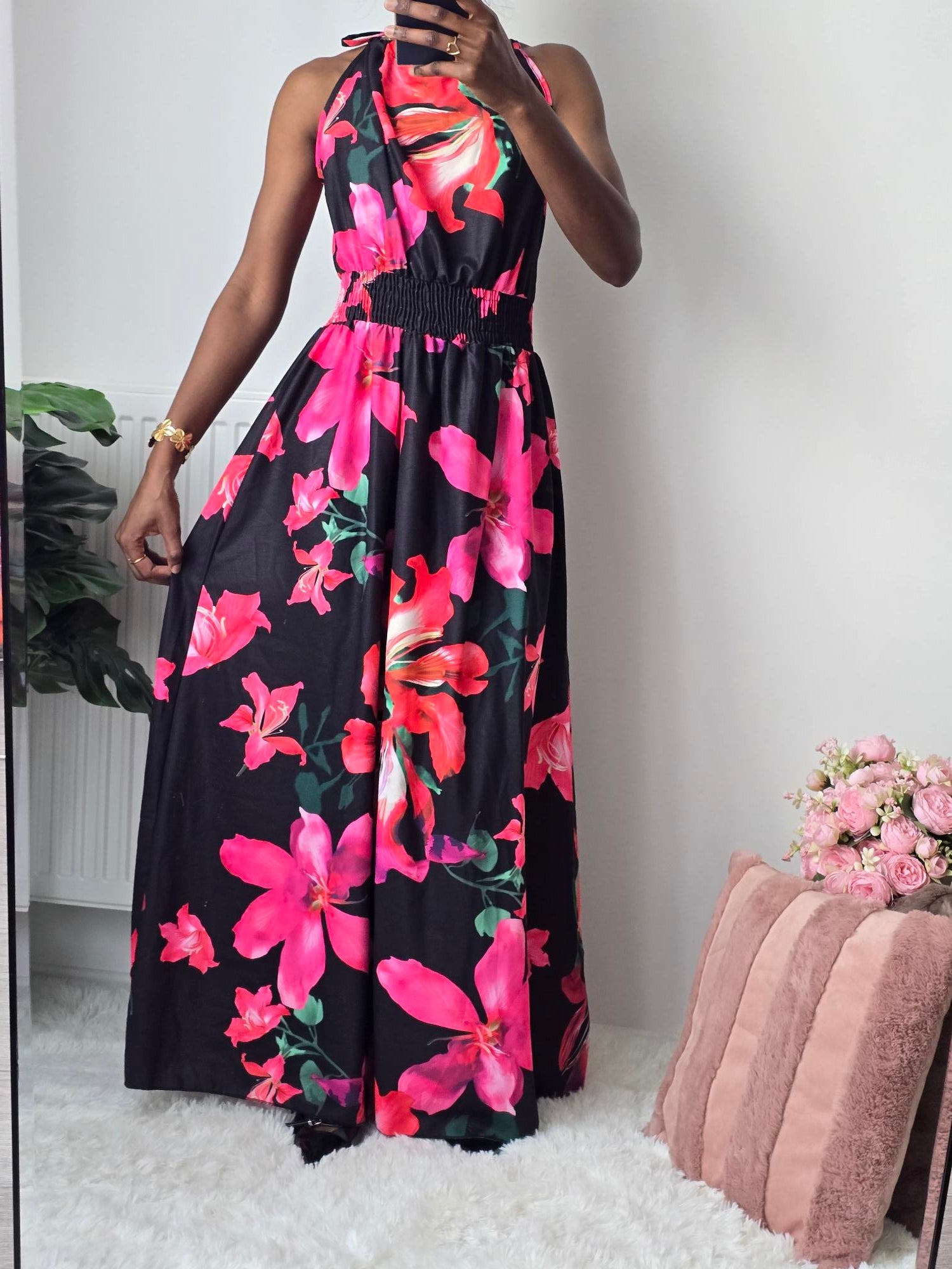 Robe longue fluide imprimé floral ✦ Noir La Chica