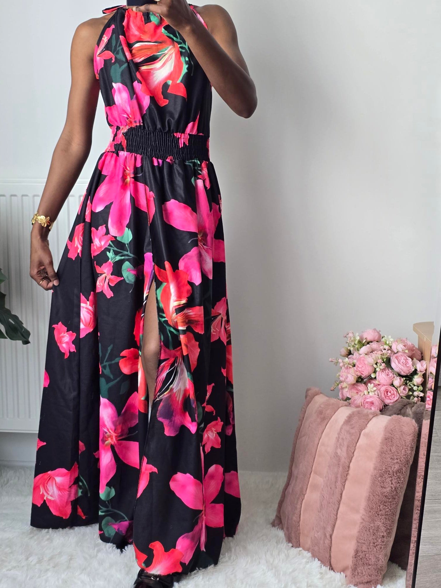 Robe longue fluide imprimé floral ✦ Noir La Chica