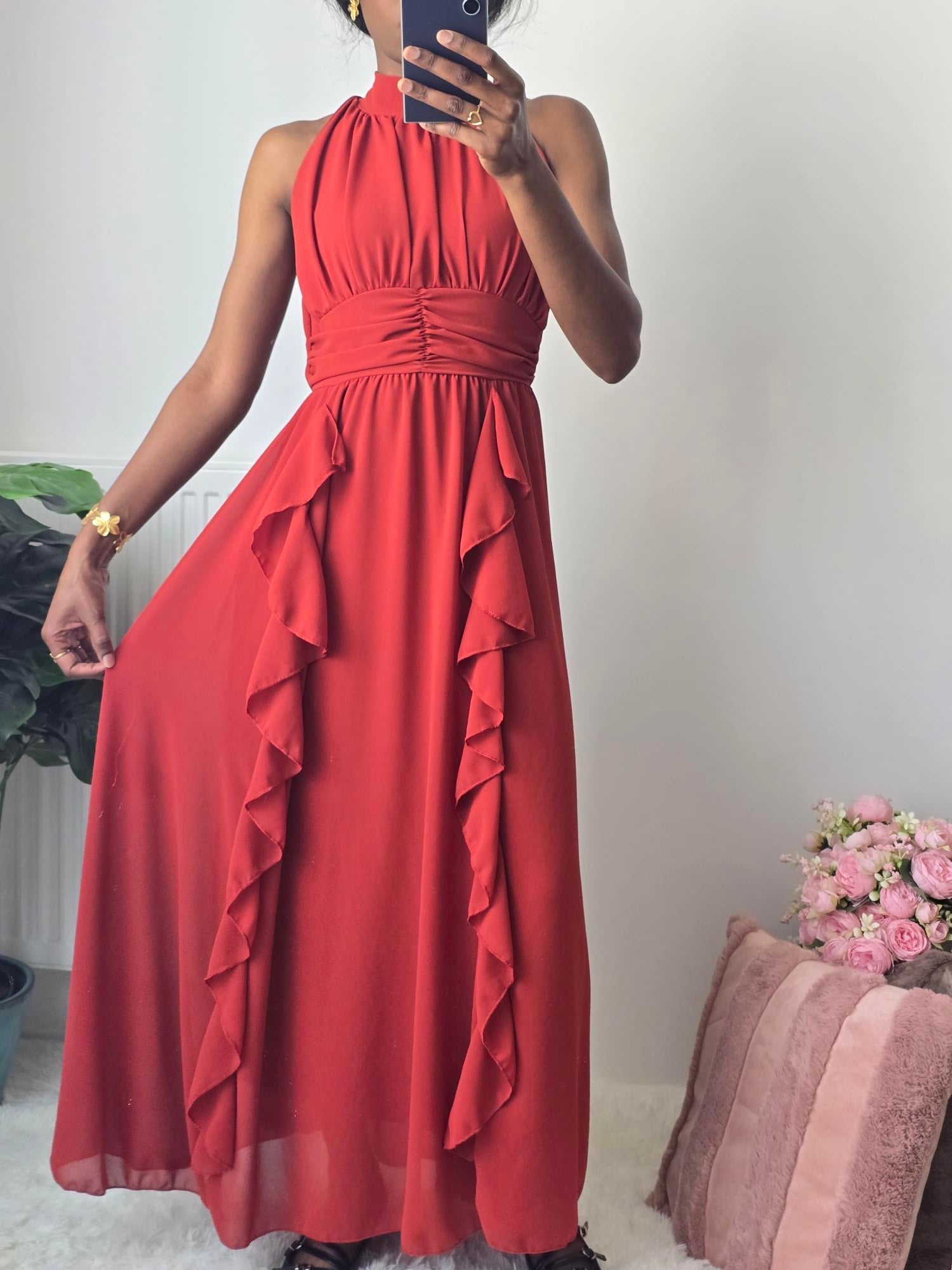 Robe longue fluide à volants ✦ Rouge élégant La Chica