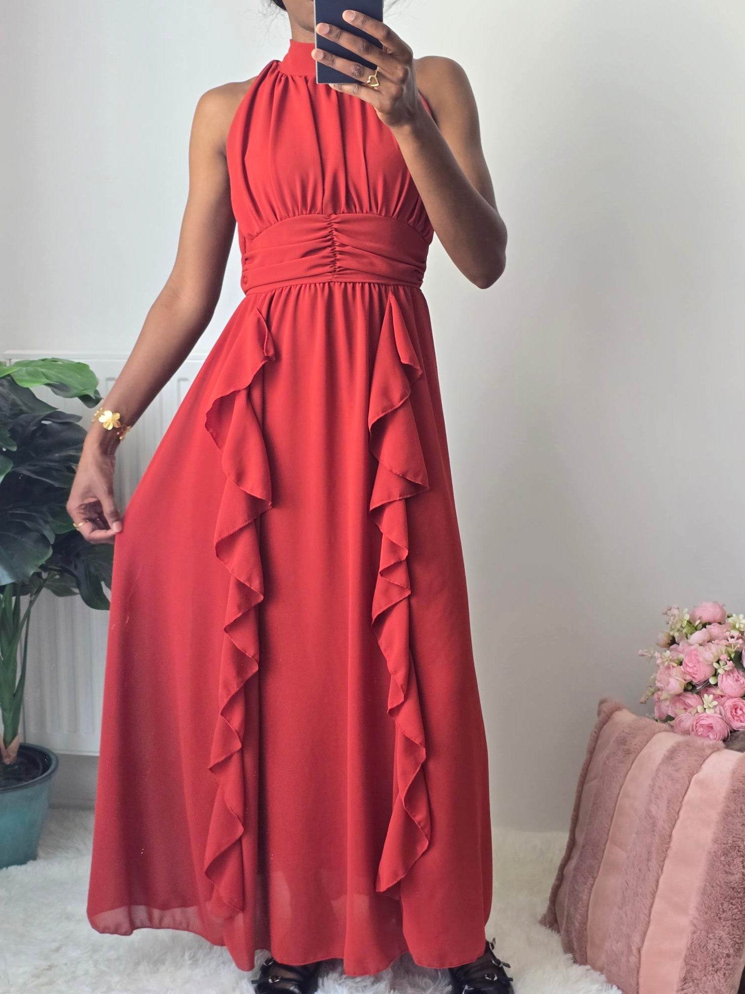 Robe longue fluide à volants ✦ Rouge élégant La Chica