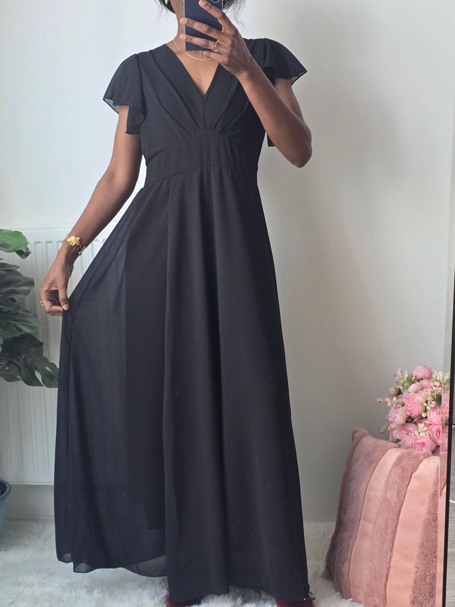 Robe longue noire fluide ✦ Coupe élégante et manches papillon La Chica
