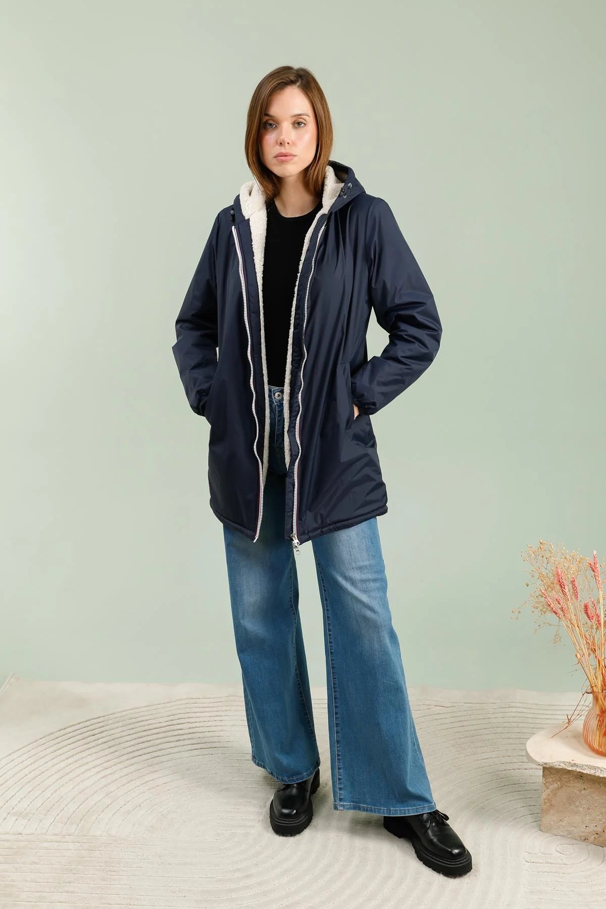 IMPERMEABLE LONG FOURRE MARINE ECRU LAURA JO La Chica